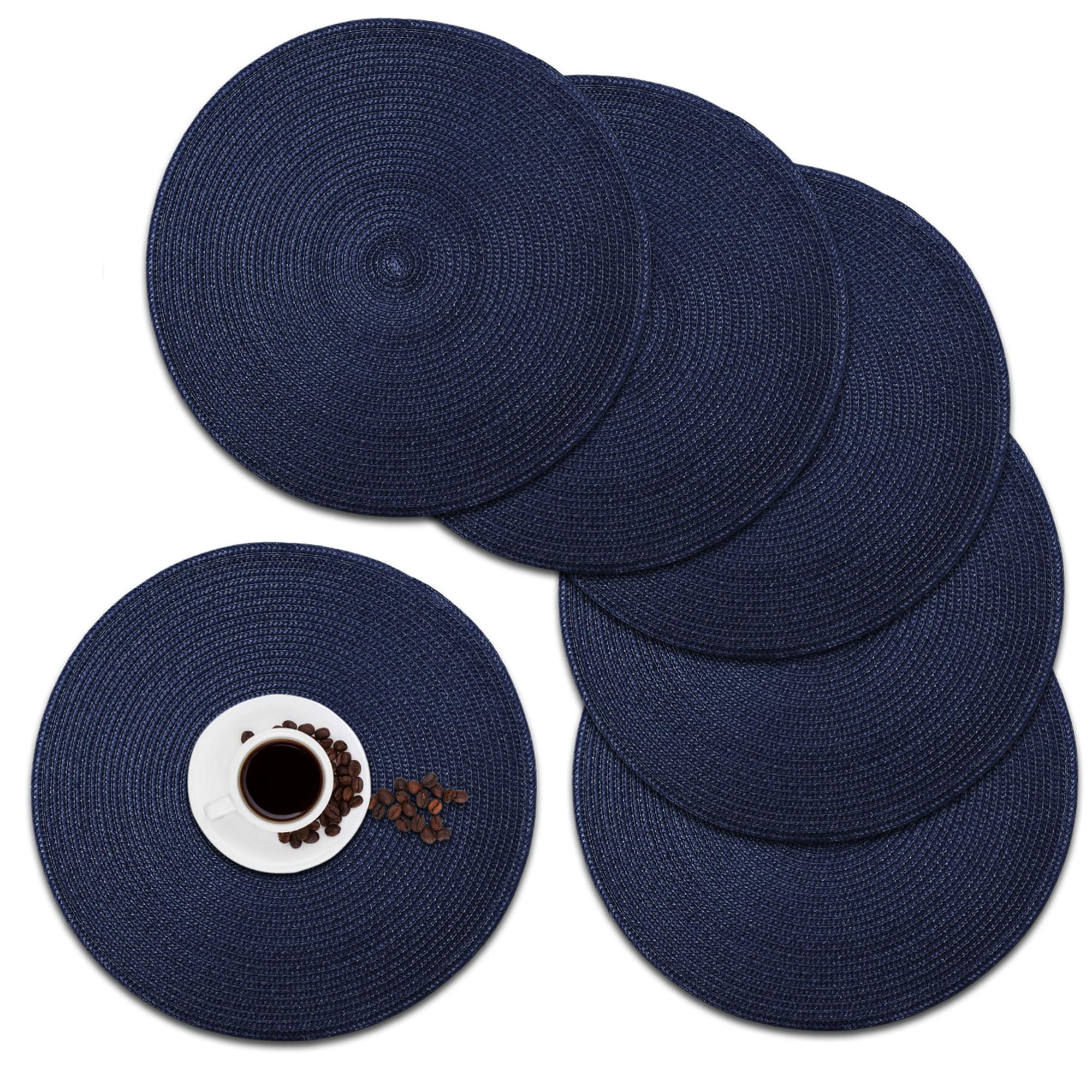 Round Placemats, Crossweave Heat Resistant Woven Round Place Mats Diameter 13.5 Inch For Kitchen Table Set Of 6 (Nautical Blue)