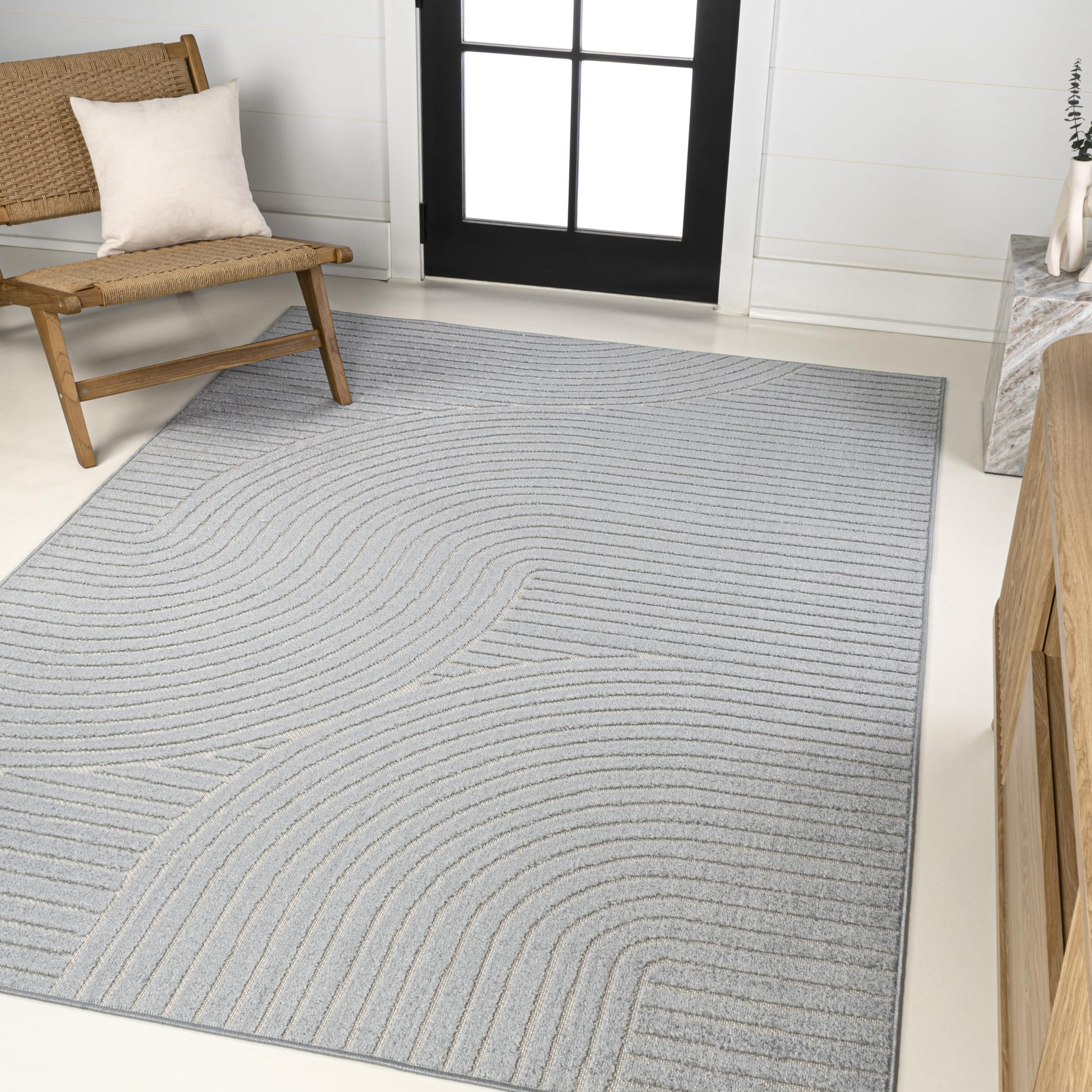 JONATHAN Y SCN100E-3 Hallie High-Low Minimalist Curve Geometric Light Blue/Cream 3 ft. x 5 ft. Indoor/Outdoor Area Rug for Patio