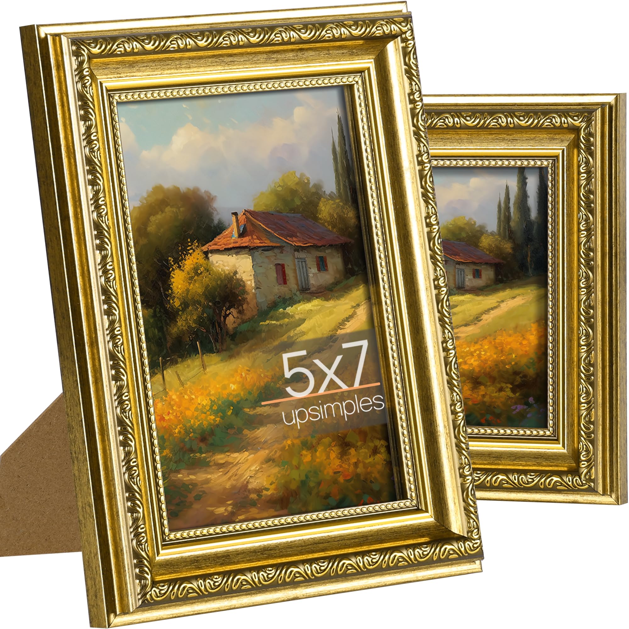 upsimples 5x7 Picture Frame with Real Glass, 2 Pack Ornate Vintage Picture Frames for Wall or Tabletop Display, Gold 5 x 7 Photo