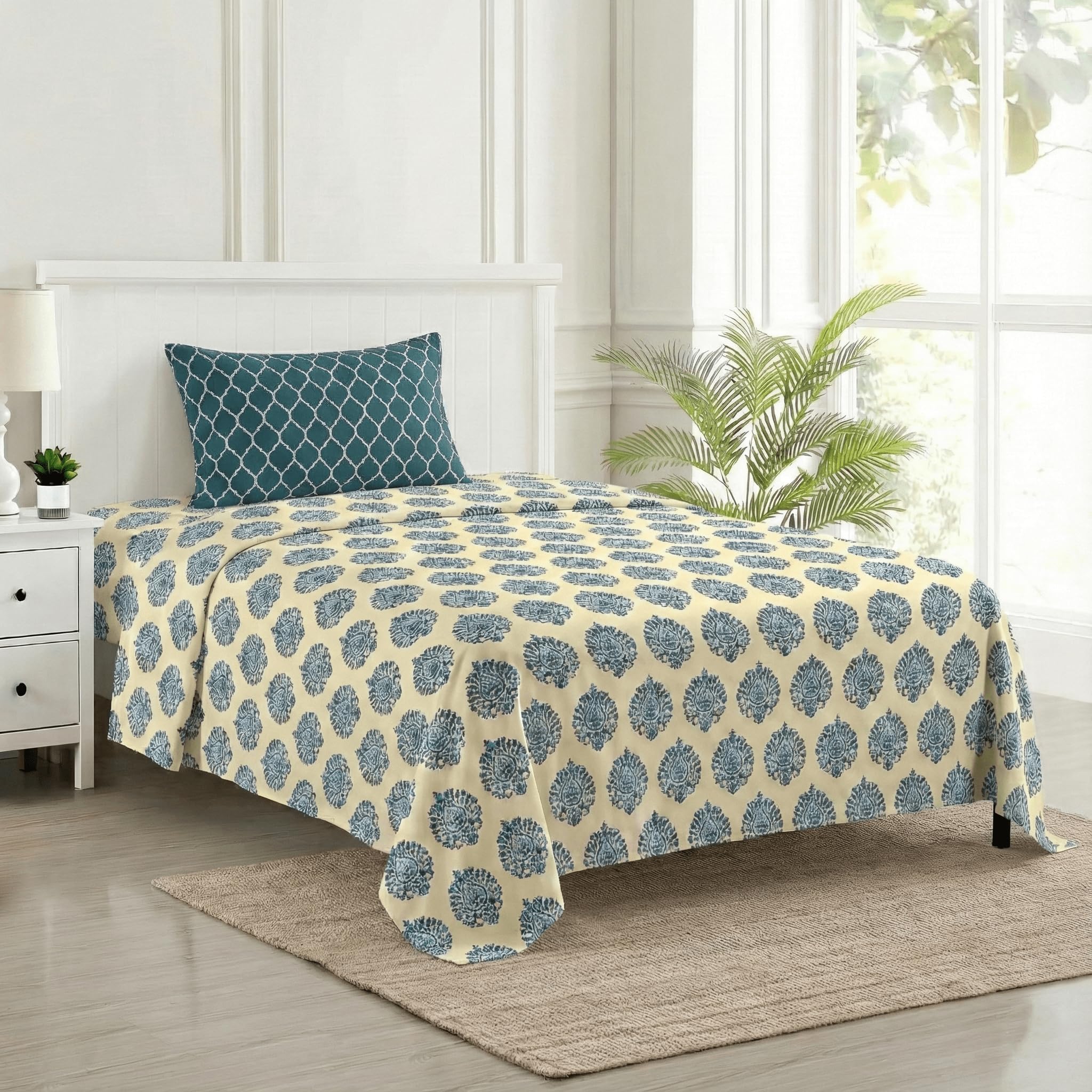 Trance Home Linen 200 Tc | 100% Cotton Printed Flat Bedsheet For Single Bed | Breathable And Skin Friendly Bedsheet With 1 Pillo