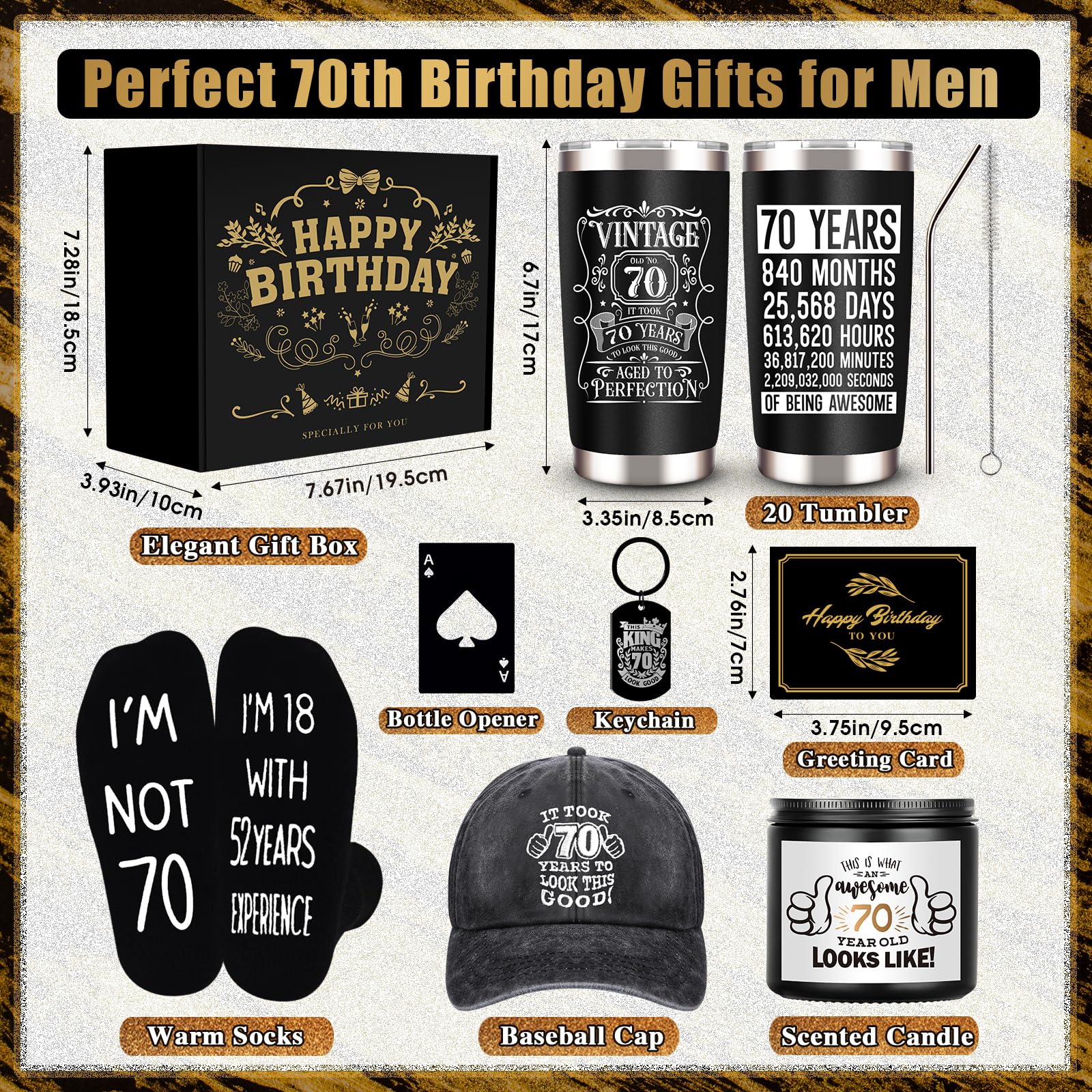 JTAMOHI 70th Birthday Gifts for Men - Unique Box with 20 Oz Tumbler, Scented Candle, Socks, Baseball Cap for Husband, Dad, Grand