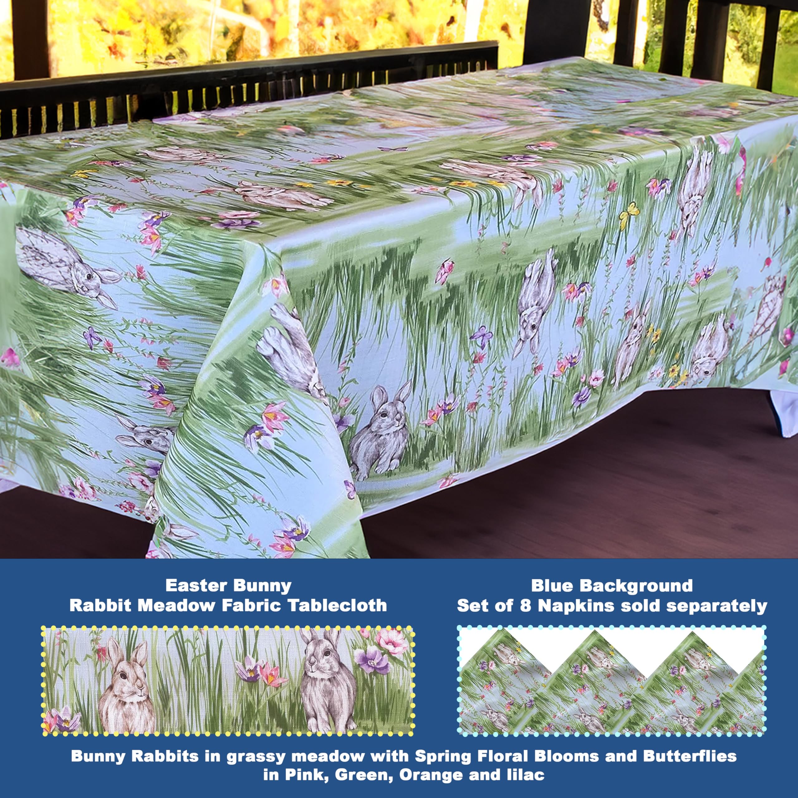 Newbridge Easter Bunny Rabbit Meadow Fabric Napkins, Spring Bunnies And Pastel Floral Easy Care, Stain Resistant Fabric Napkins,