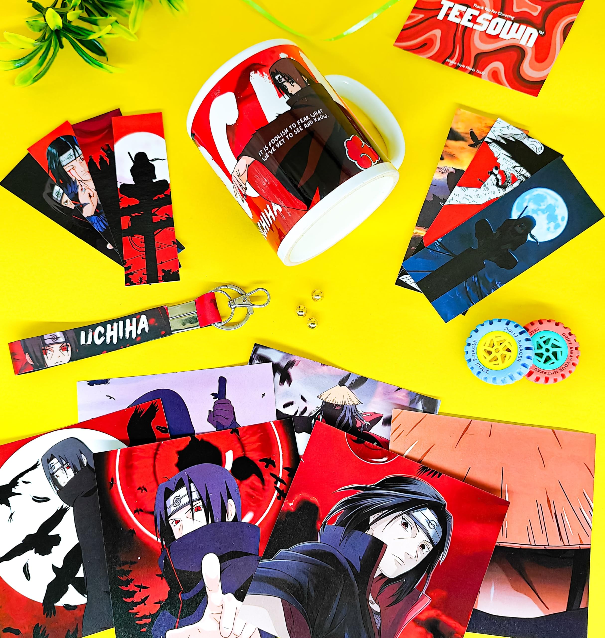 Teesown Itachi Uchiha Anime Gift Combo - Includes 4 Products - Mug, Keychain, 6 Posters - Sharingan Legacy Bundle