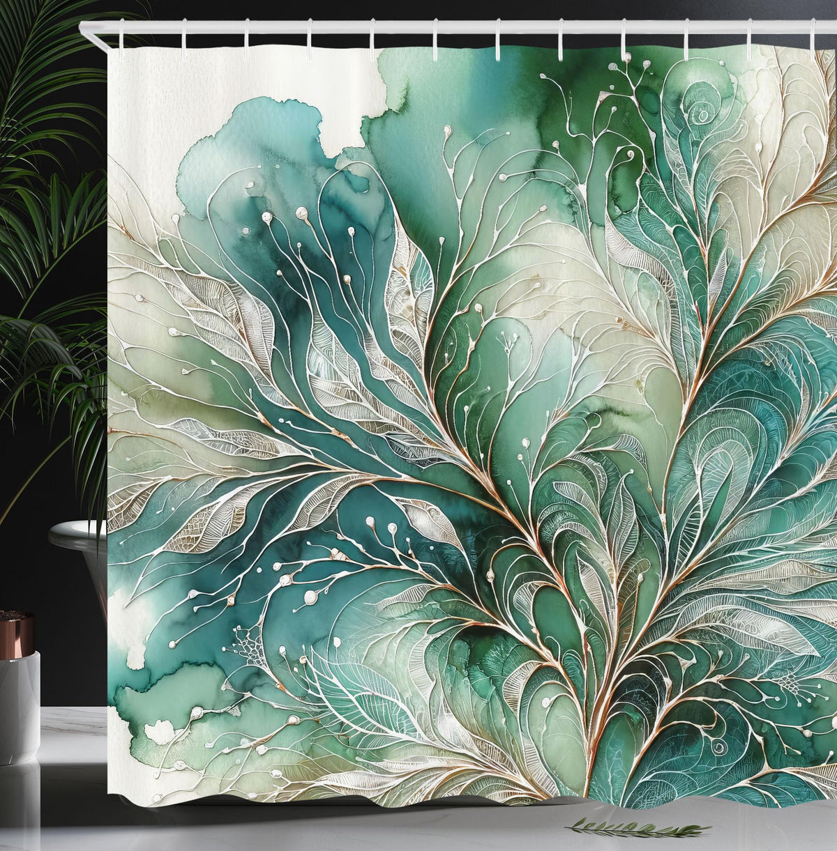 Ambesonne Teal Shower Curtain, Abstract Marble Print Design Of Greenery Clouds And Dreamy Leafy Peduncles, Cloth Fabric Bathroom