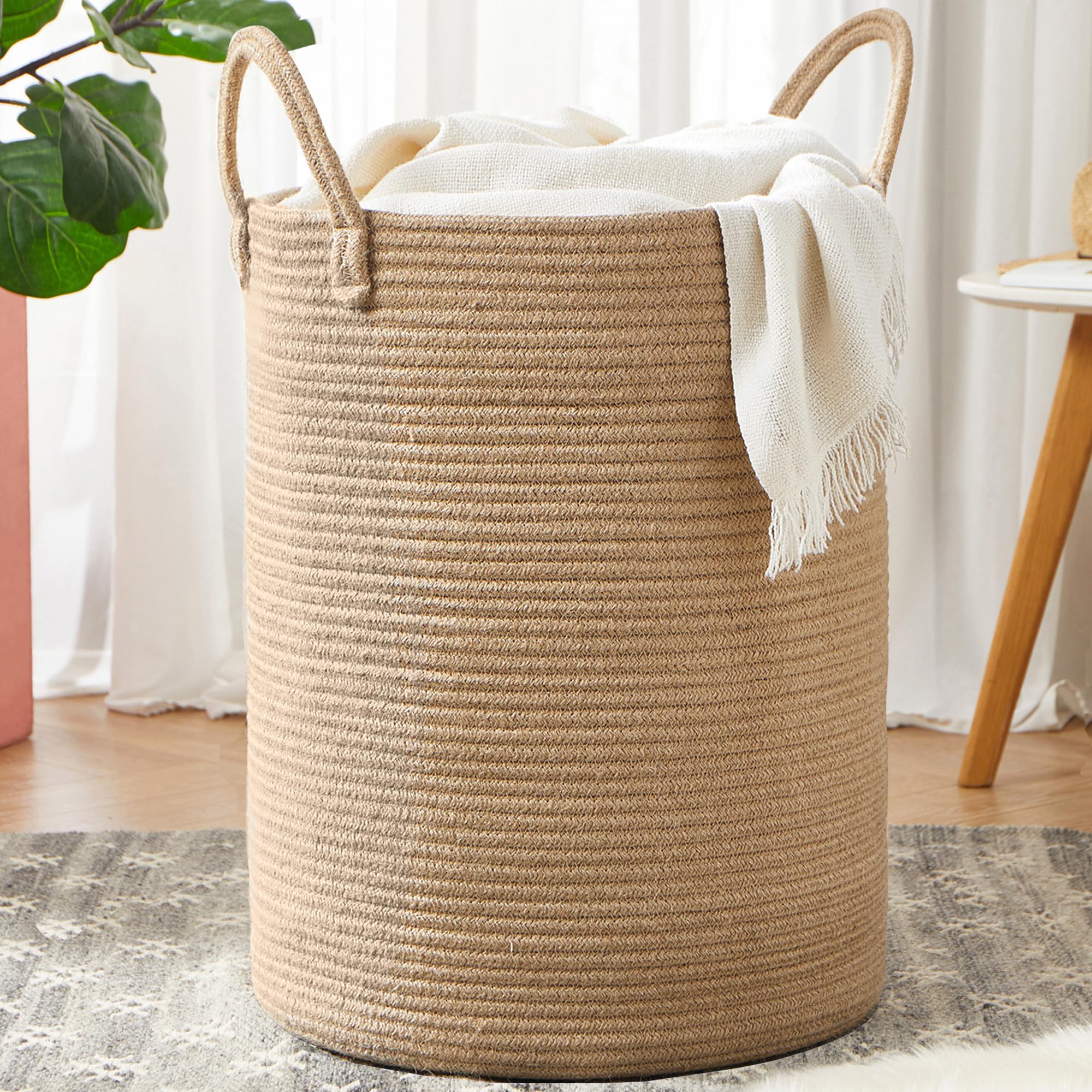 MOJOSCEND 80L Extra Large Jute Woven Rope Laundry Basket Tall Wicker Clothes Hamper for Baby Nursery Kids Blanket Basket in Livi