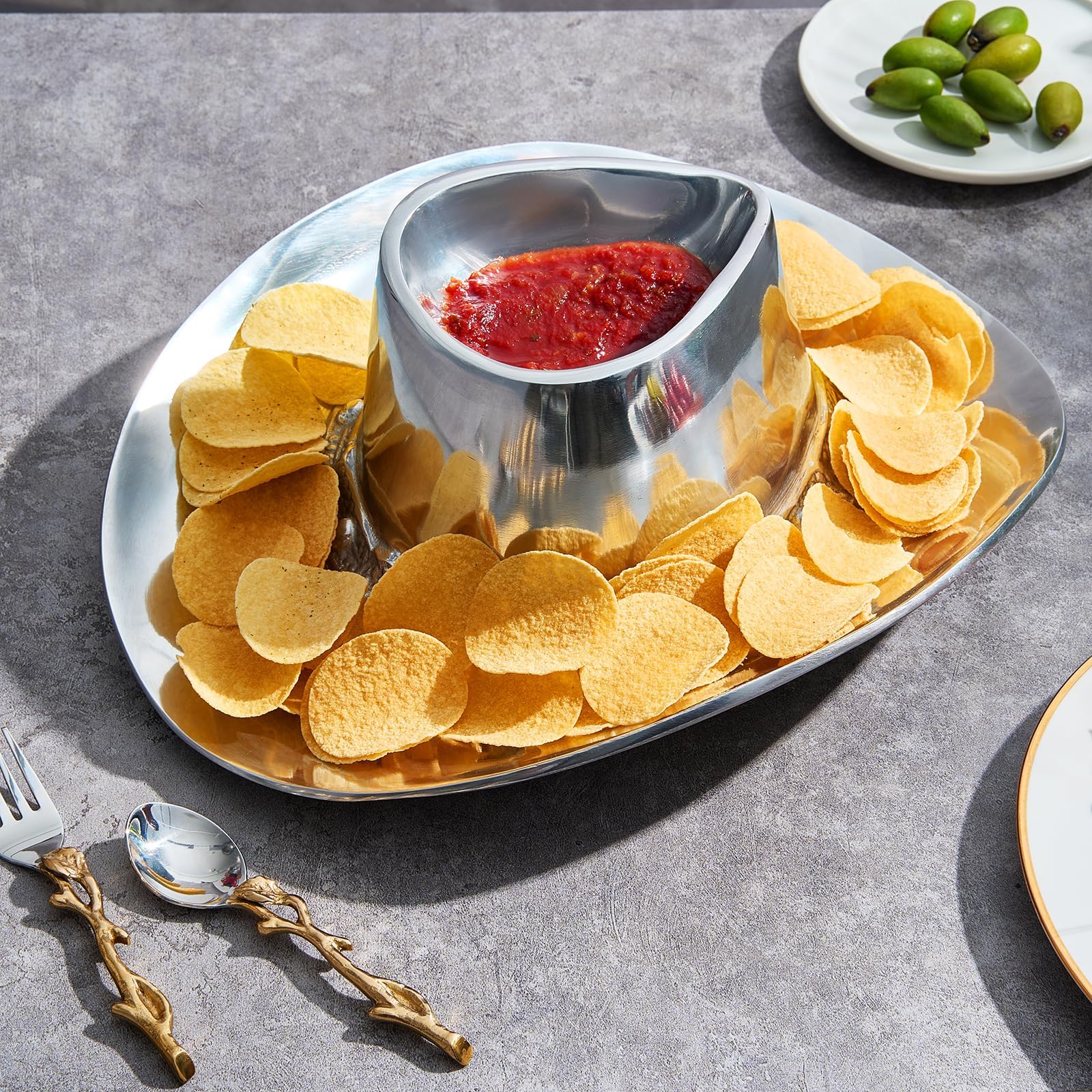 Cowboy Hat Chip and Dip Serving Bowl Silver Brass Snack