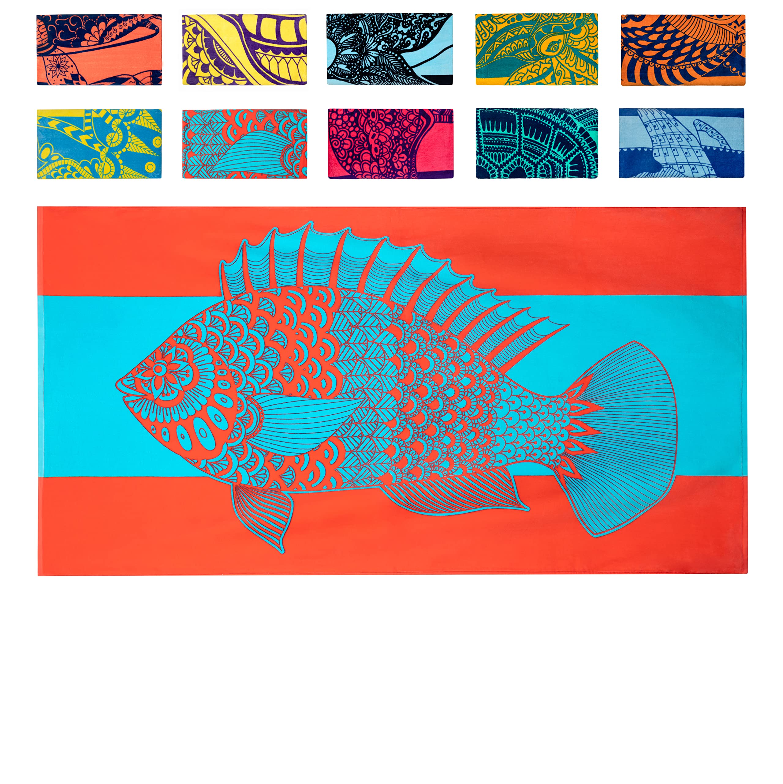 Nova Blue Tropical Fish Beach Towel (34 X 63) - Bright Red & Blue Packable Beach Towel Made From 100% Cotton - Vibrant Colorful