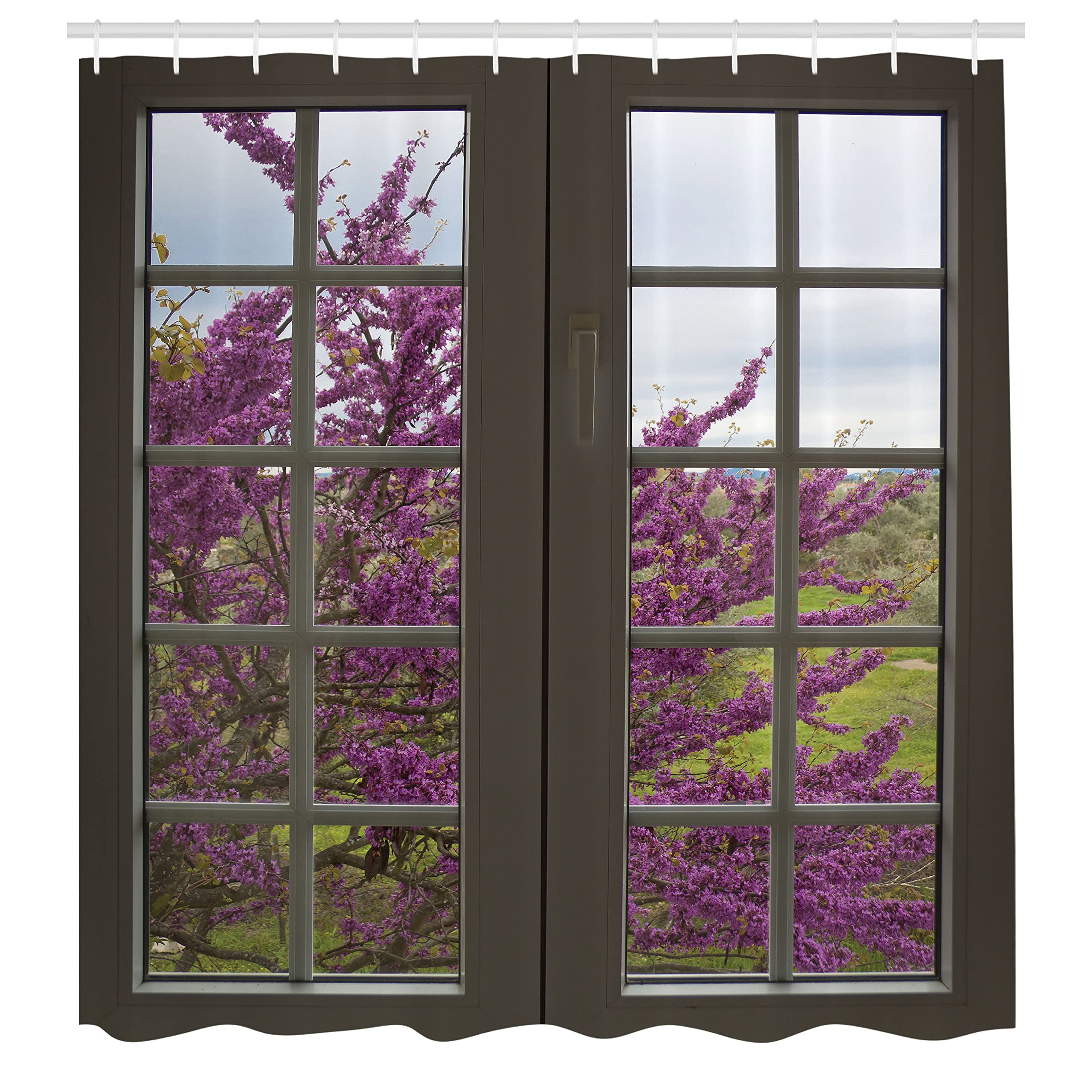 Ambesonne Country Shower Curtain, Romantic View Through The Window To Countryside Of Purple Colored Flowers Spring Blooms Branch