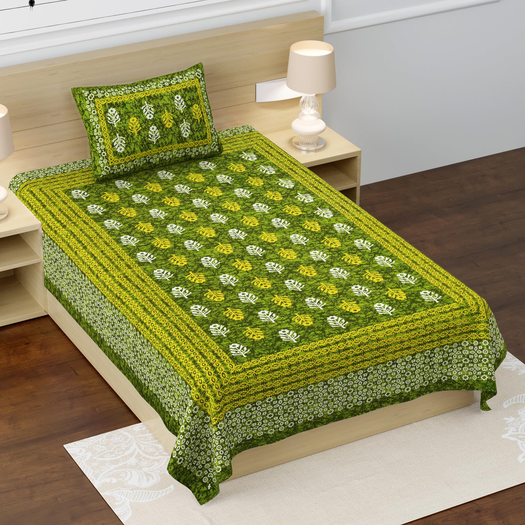Rajasthanikart Pure 100% Cotton Single Bed Sheet With 1 Pillow Cover (Bedsheet For Single Bed Cotton, Green Small Booty)
