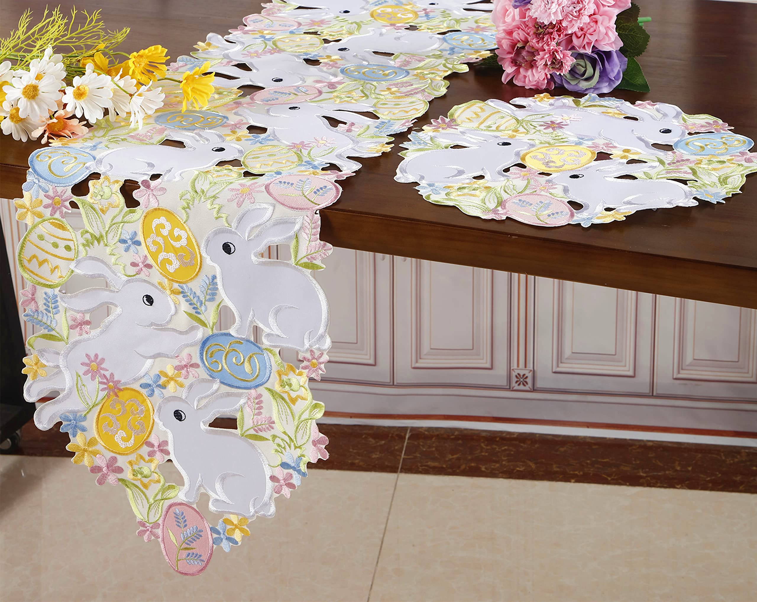 Easter Table Runner Spring Bunnys Flowery Table Runner Cutwork Embroidered Floral And Bunnys Dresser Scarf Table Topper Home Kit