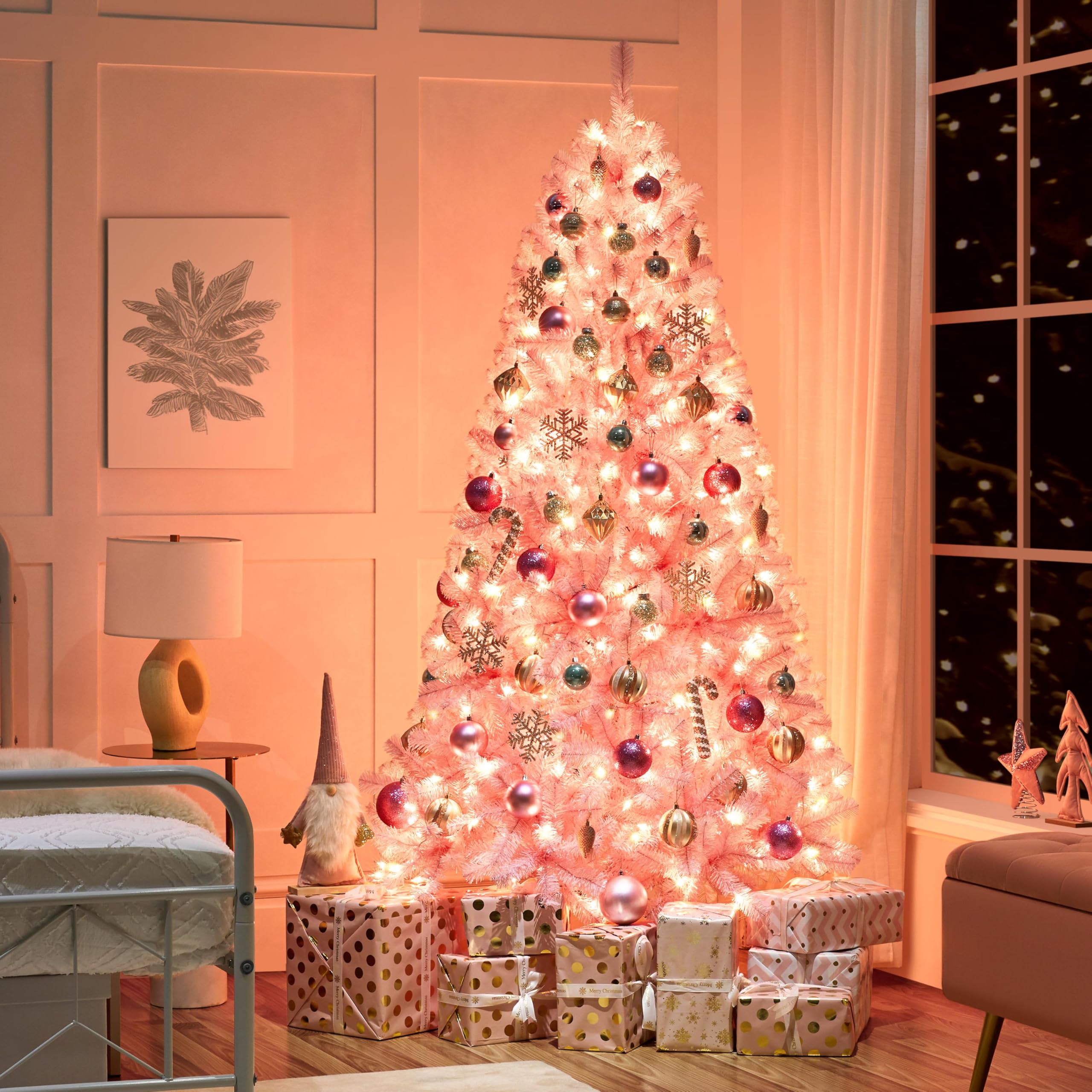 Yaheetech 6ft Pre-lit Artificial Hinged Christmas Tree Prelighted Full Holiday Xmas Tree for Home Party Decoration with 300 Warm
