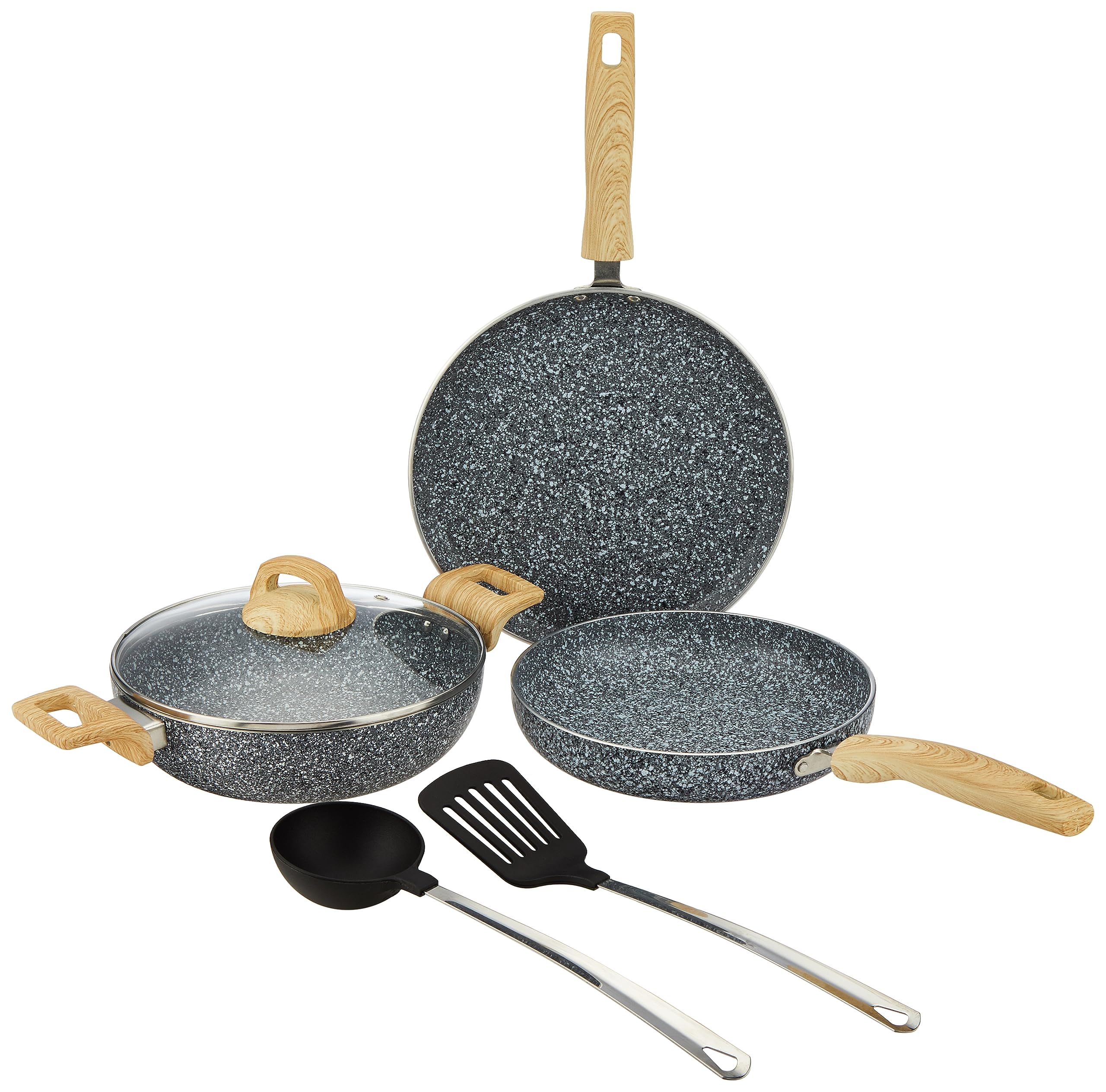 Amazon Basics Granite Finish Non Stick 5 Pcs Induction Base Cookware Set-Granito Grey (24Cm Fry Pan, 24 Cm Kadai, 28Cm Tawa And 