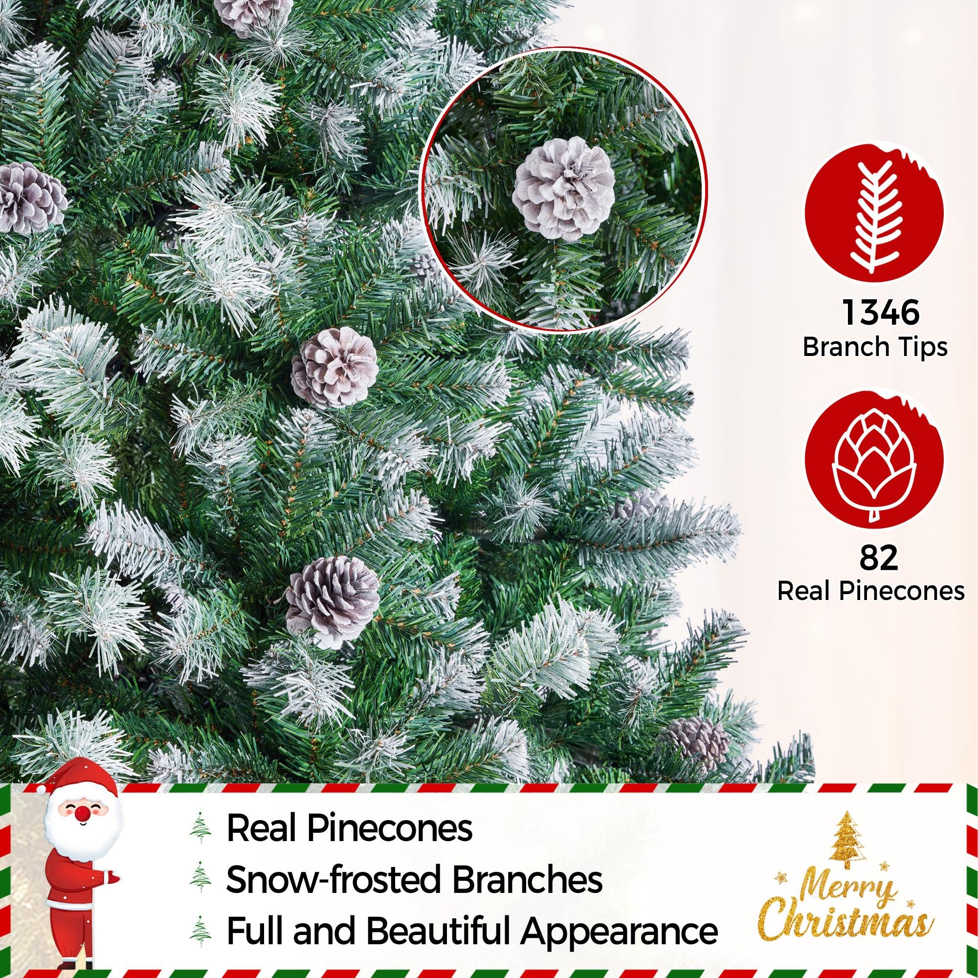 Yaheetech 7.5ft Artificial Christmas Tree, Snow Flocked Christmas Tree w/82 Pinecones, 1346 Frosted Tips, Pre-Decorated Tree for