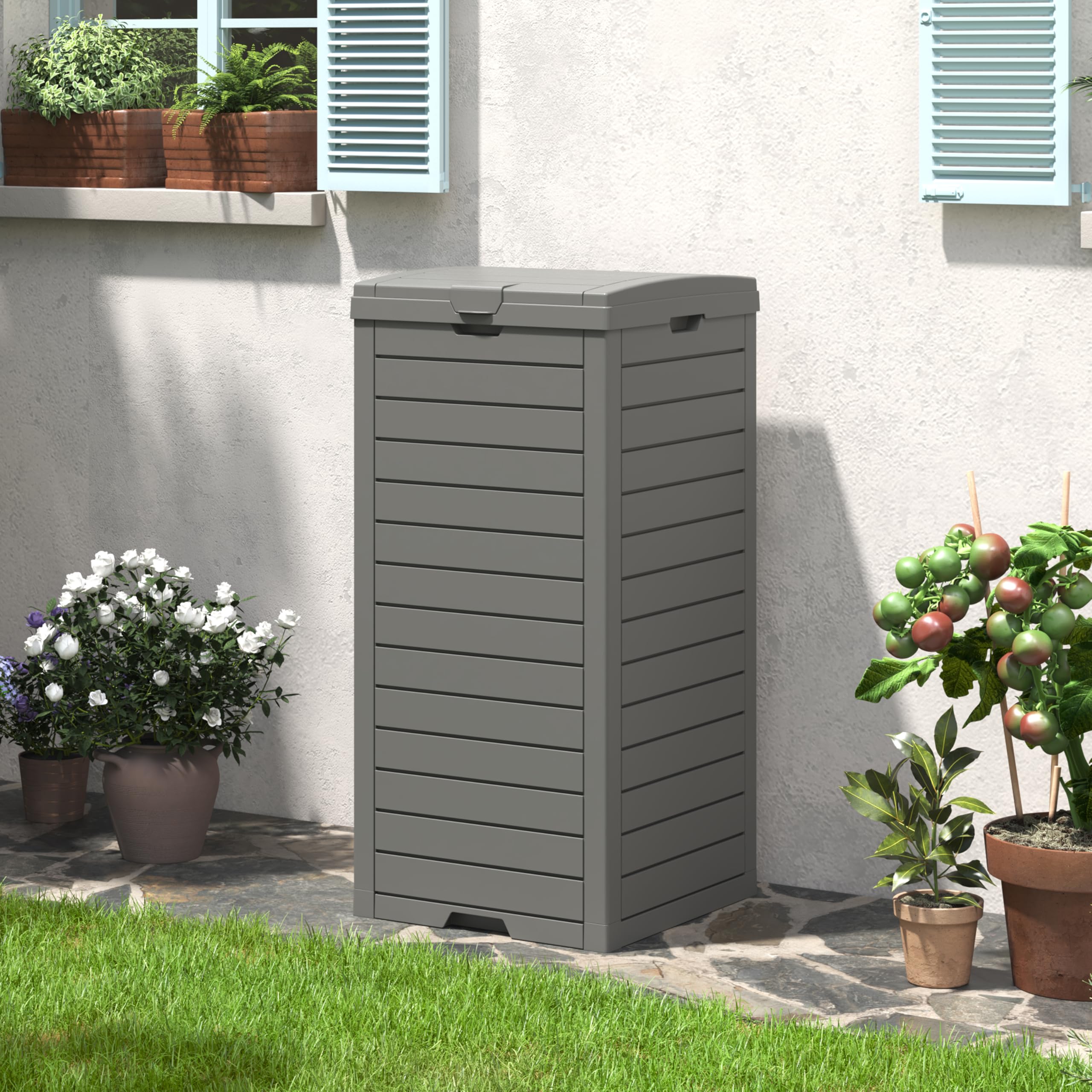 31 Gallon Outdoor Trash Can, Garbage Can With Tiered Lid And Drip Tray, Waterproof Resin Outside Trash Bin For Patio, Backyard,