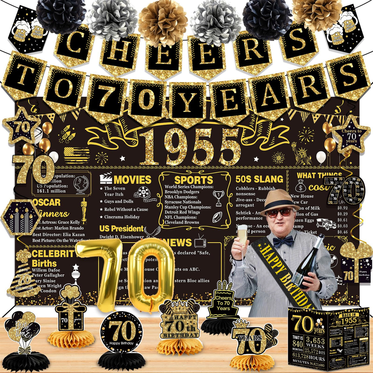 70Th Birthday Decorations For Men Women,24Pcs 1955 Banner Decorations,Including Banner,6Honeycomb Topper,70 Balloons,Anniversary