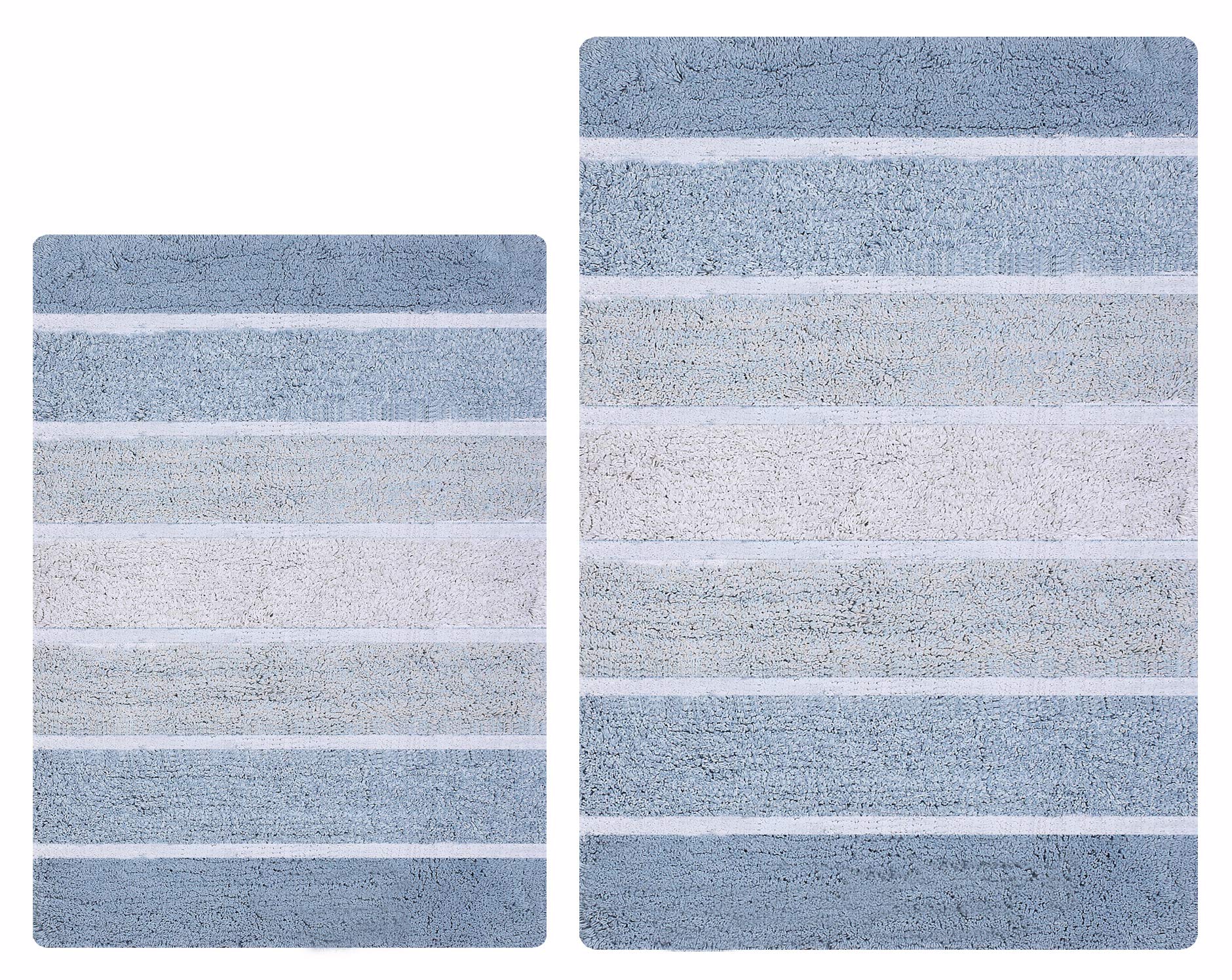Bathroom Rugs Luxury Stripe Bath Rug Set 21X32-17X24 Blue/White,2Piece Mat Set, Soft Plush Anti-Skid Shower Rug +Toilet Mat.Shag