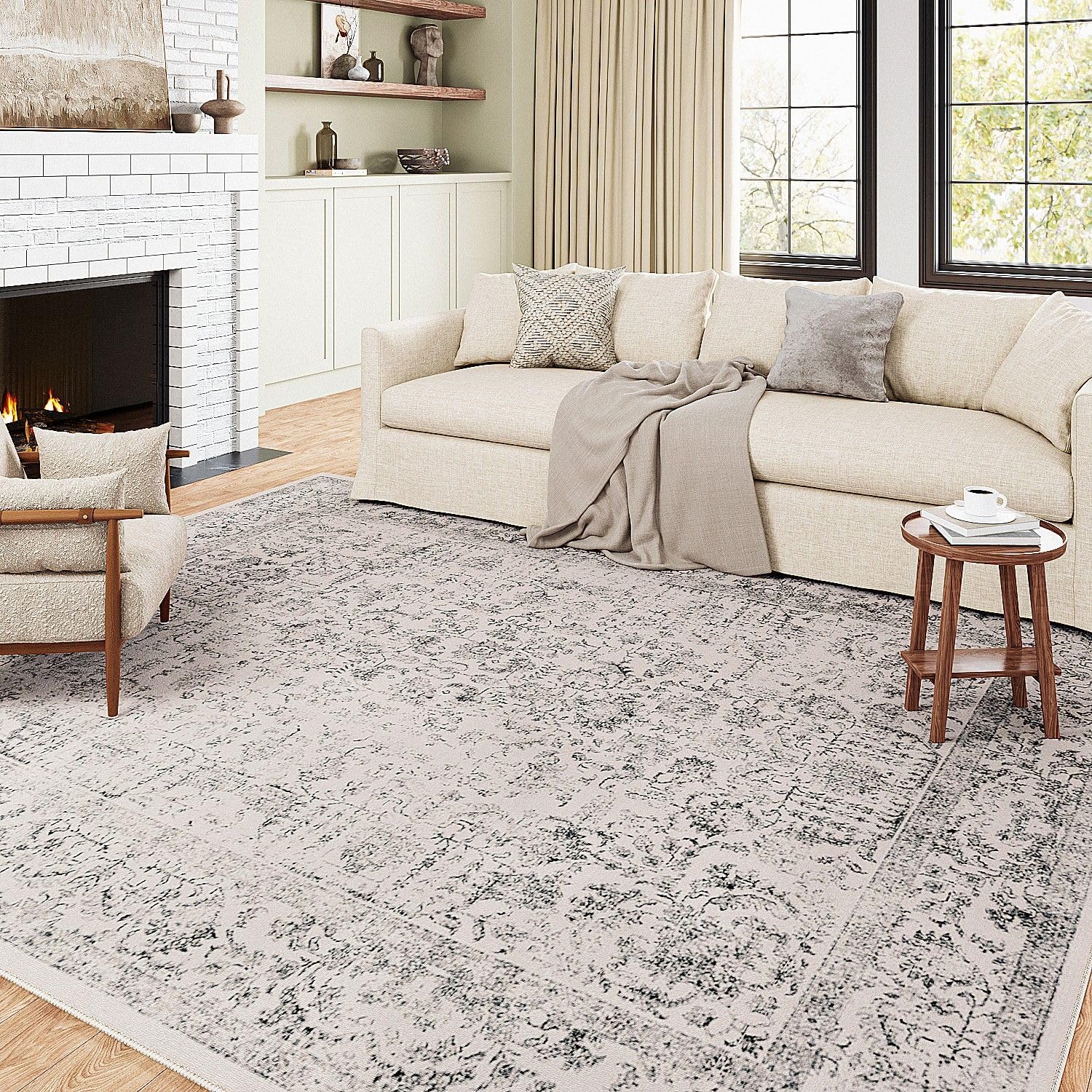 PureCozy Grey Area Rug 8x10 Indoor Vintage Living Room Carpet Washable Distressed Rug Gray Floral Bedroom Rug Retro Accent Throw