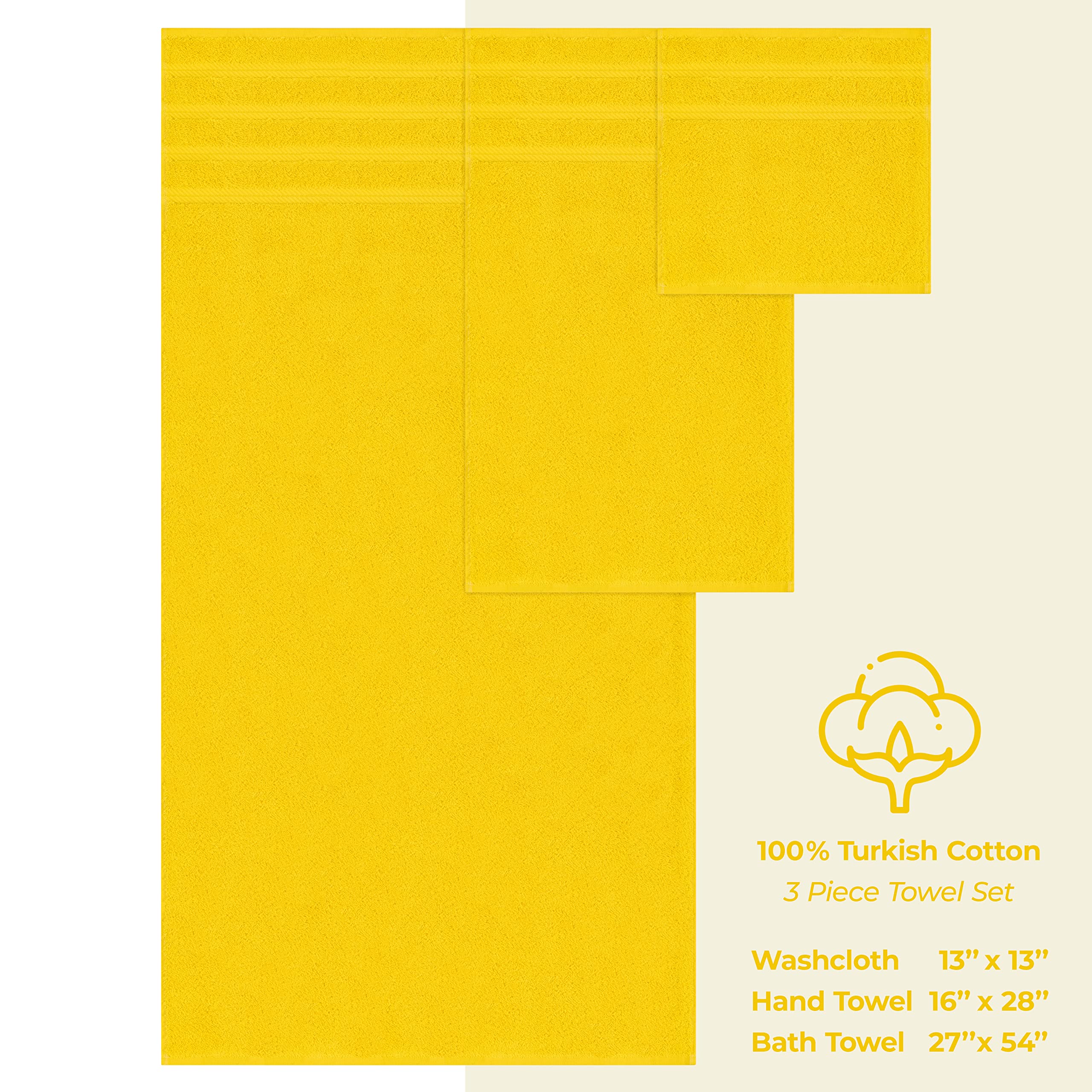 American Soft Linen Luxury 3 Piece Towel Sets  1 Bath Towel 1 Hand Towel 1 Washcloth  100% Turkish Cotton Towels for Bathroom  Yellow Towel Set