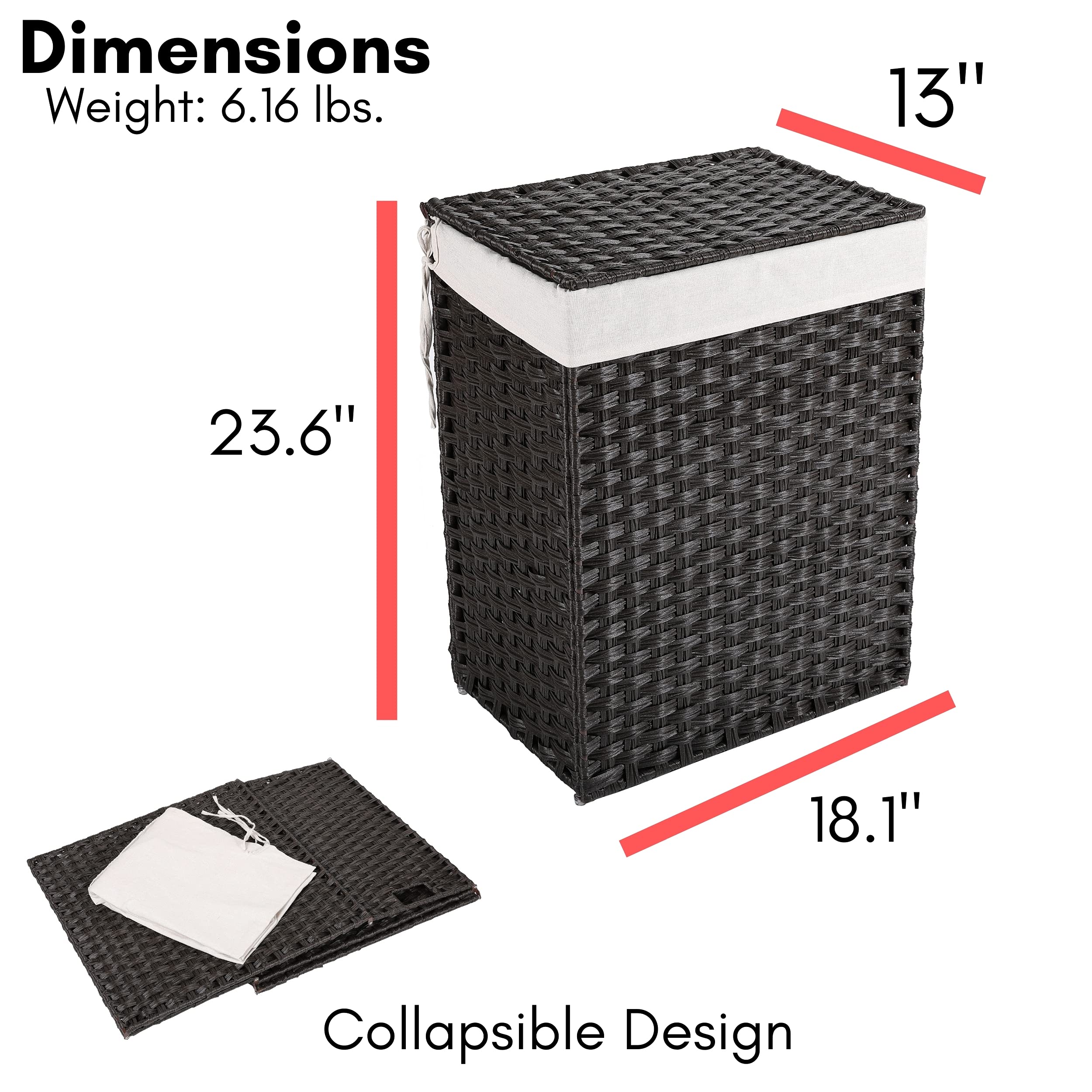 Single Laundry Hamper With Lid | Removable Liner Bag | Hand Woven | Compact Collapsible Clothes Basket | Synthetic Rattan