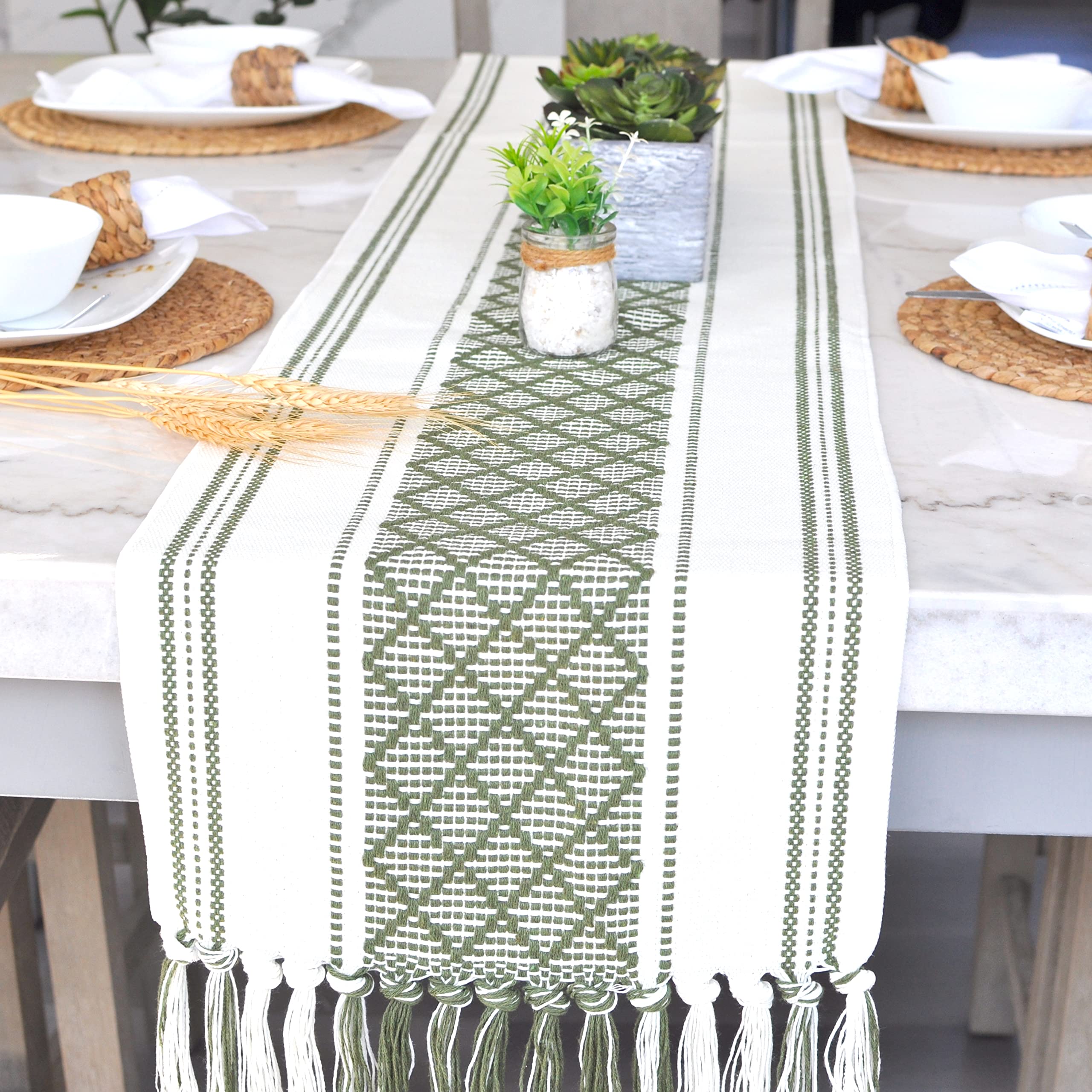 Boho Dining Table Runner With Tassels 14 X 90 Inches, Olive Green & Cream | Woven Washable Dresser Scarf For Bedroom | Farmhouse