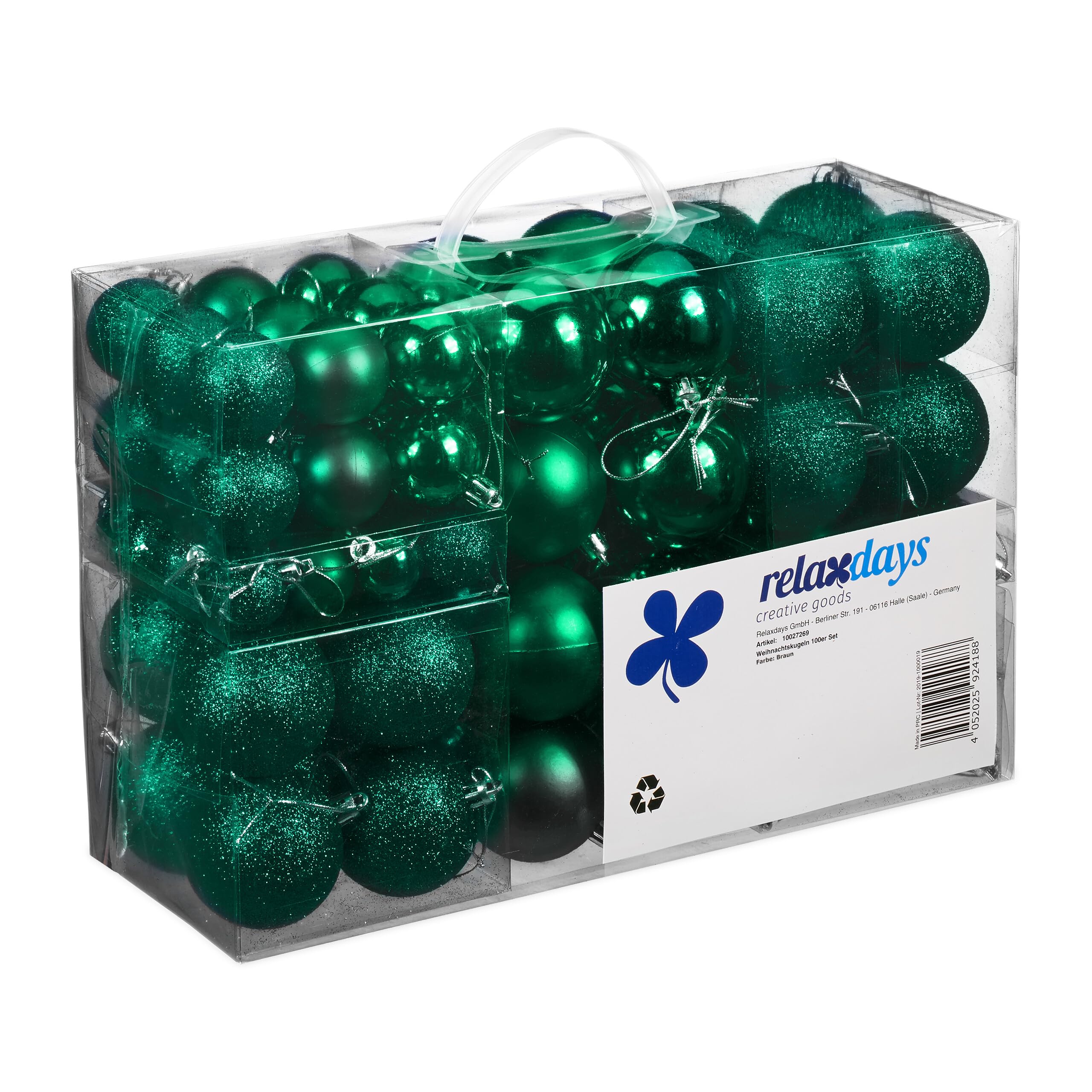 Relaxdays Christmas Baubles Set of 100, Festive Ornaments, Matt, Shiny, Glitter, Tree Balls  3, 4 & 6 cm, Dark Green, 7 x 6 x 6 