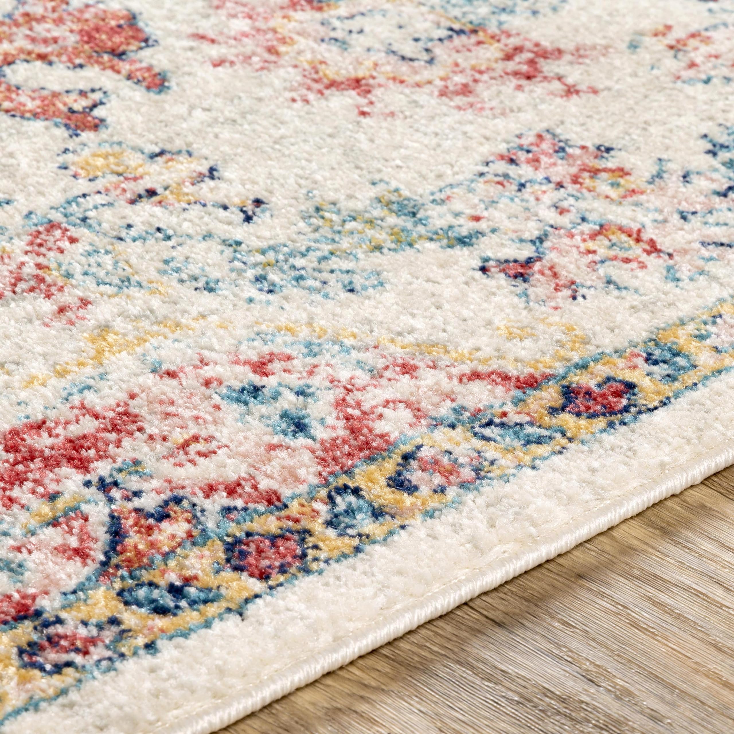 Livabliss Area Rugs - 5x7 Odelia Vintage Boho Red Off-White Blue Area Rug for Living Room Bedroom - Floral Medallion Stain Resis