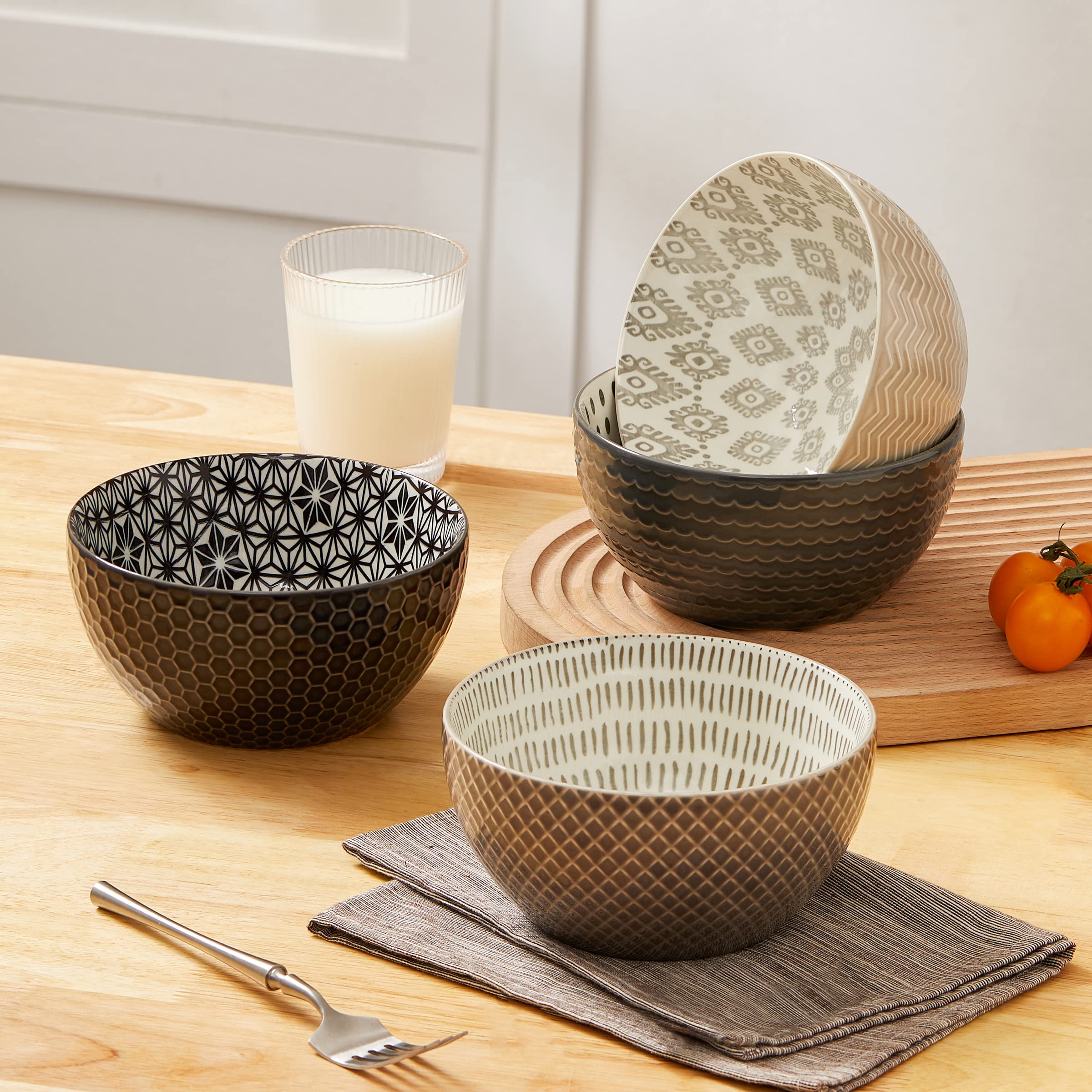 Signature Housewares Pad Print Set Of 4 Assorted Bowls 6'', 28Oz, Pp Gray