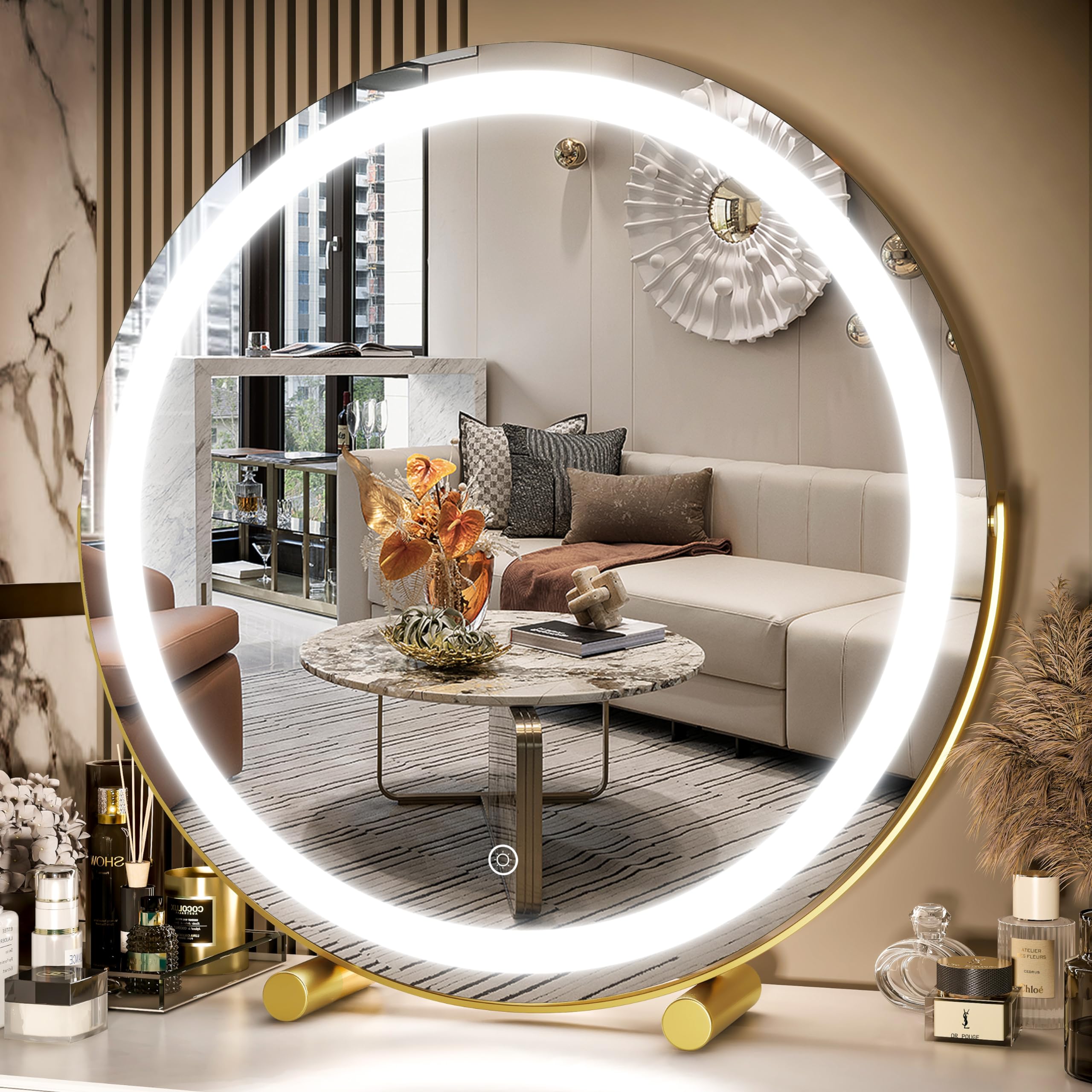 Fennio Vanity Mirror With Lights, 13 Inch Cob Led Lighted Makeup Mirror, Round Makeup Mirror With Lights With 3-Color Lighting,