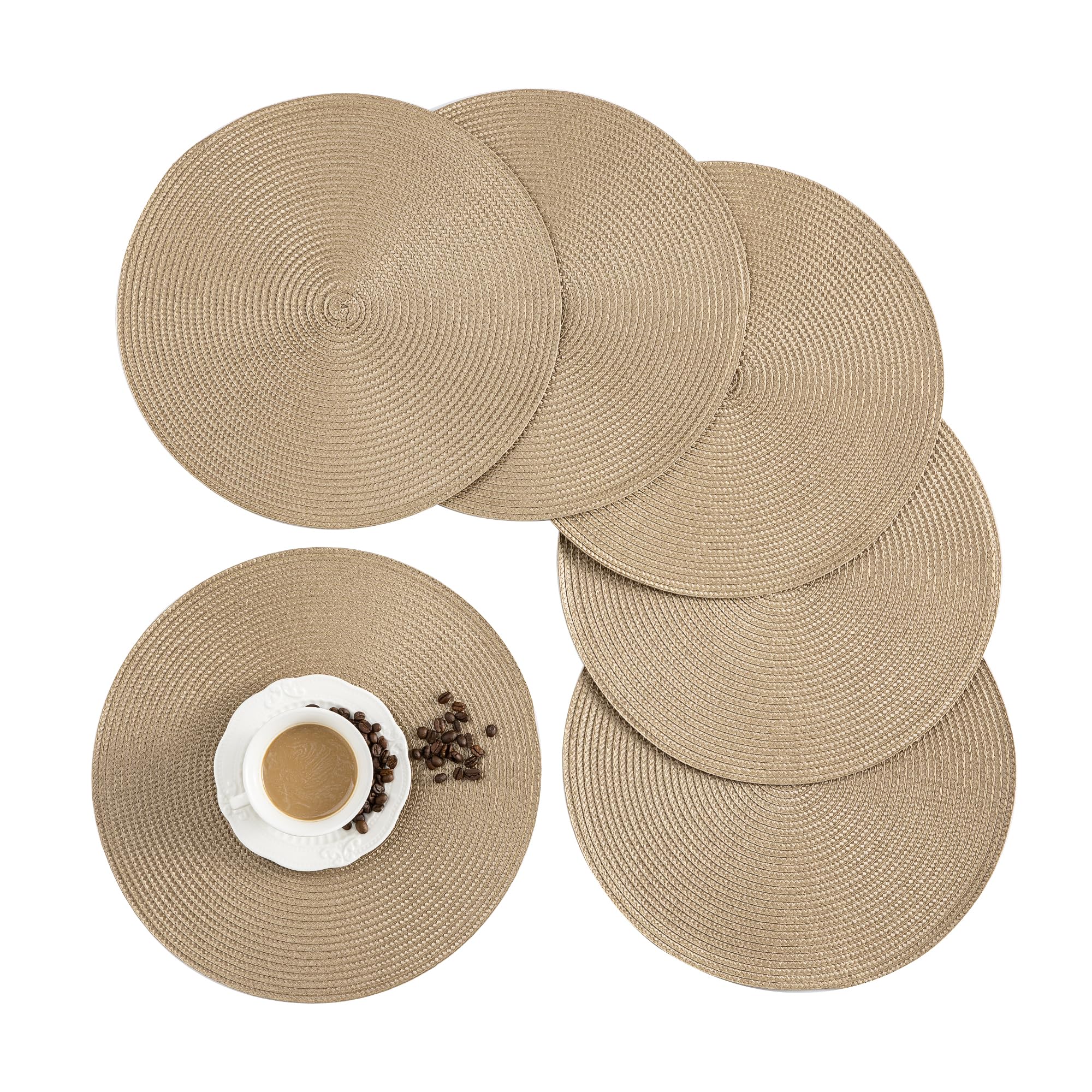 Round Placemats, Crossweave Heat Resistant Classic Woven Round Place Mats Diameter 13.5 Inch For Kitchen Table Set Of 6 (Brown)