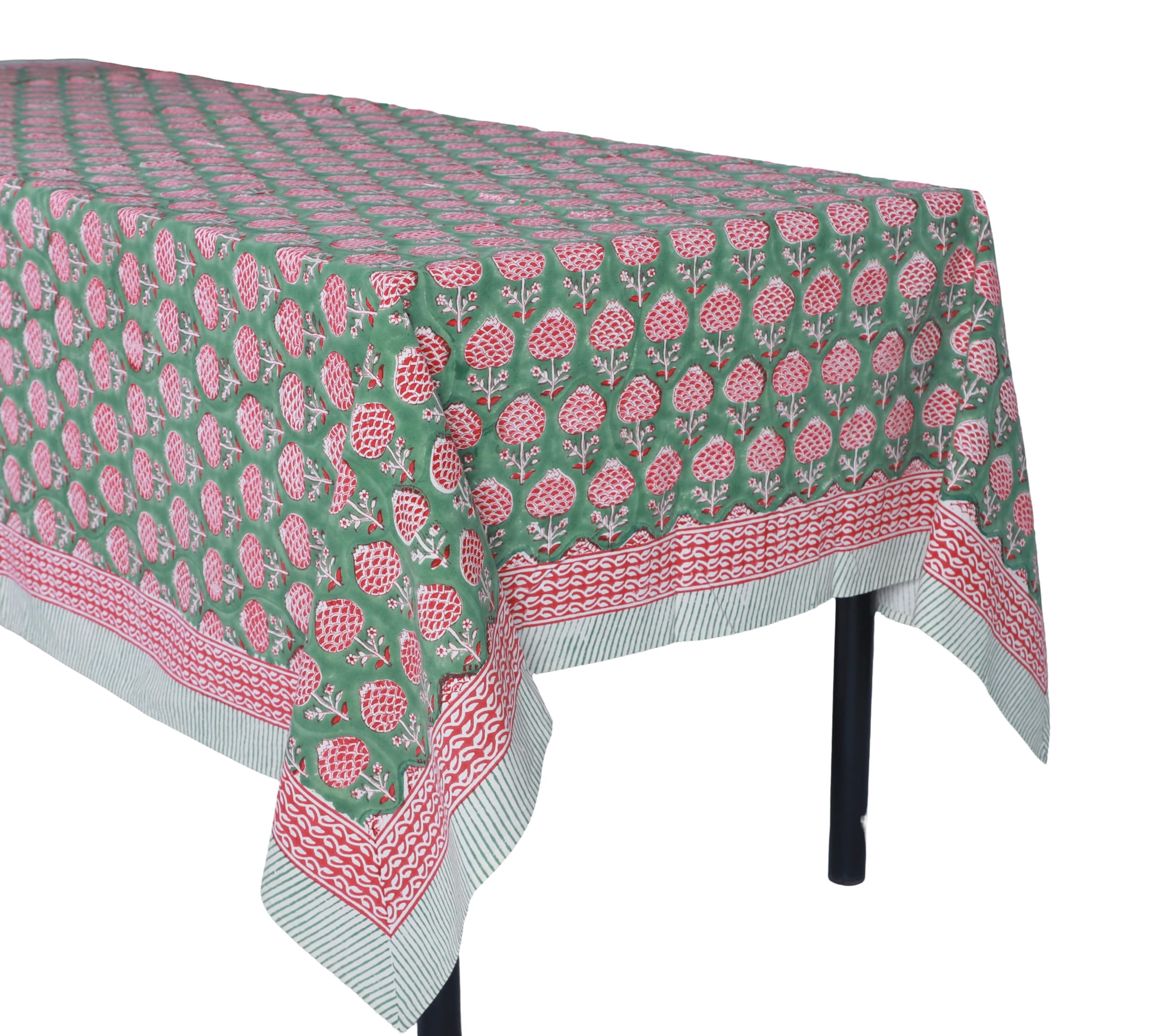 Atosii Roma Green 100% Cotton Square Summer Tablecloth, Block Print Floral Table Cloth For Dining, Parties Wedding Outdoors I Gr