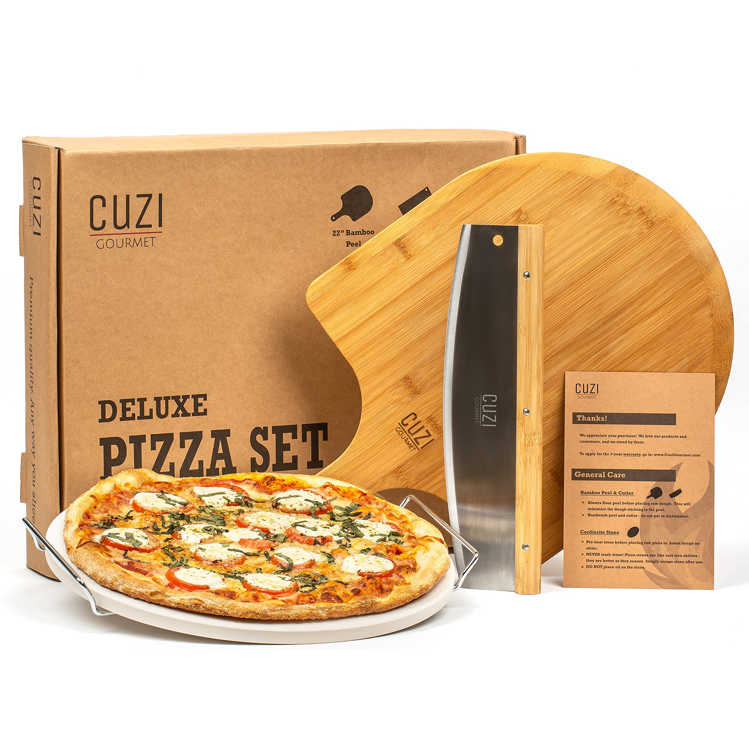 Cuzi Gourmet Xl 4-Piece Pizza Stone Set - 15'' Thermal Shock Resistant Cordierite Pizza Baking Stone, 22'' Natural Bamboo Pizza