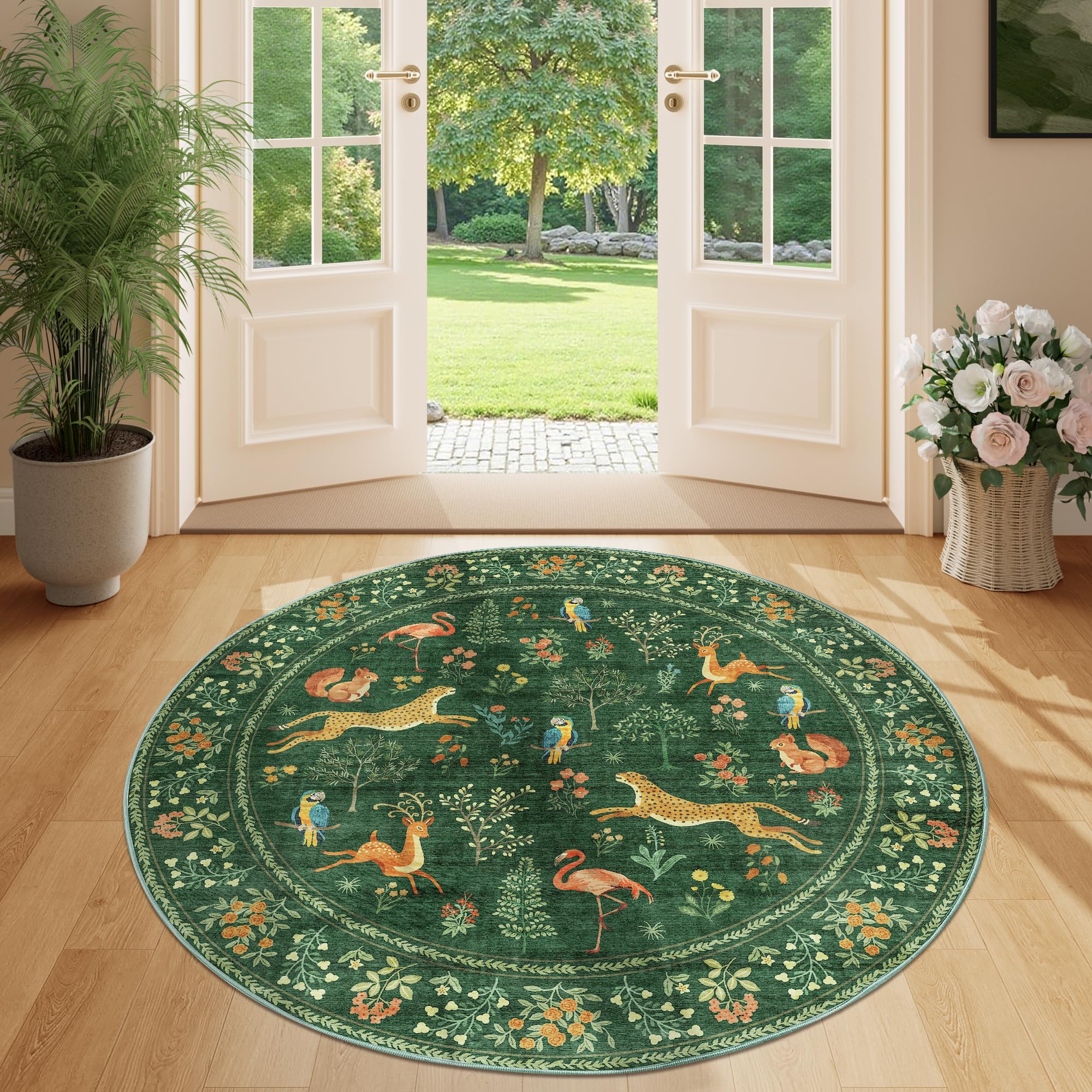 DUKINO 4ft Round Rug, Washable Round Area Rug, Non Slip Indoor Low Pile Animal Design, Soft Small Vintage Circle Carpet for Bedr
