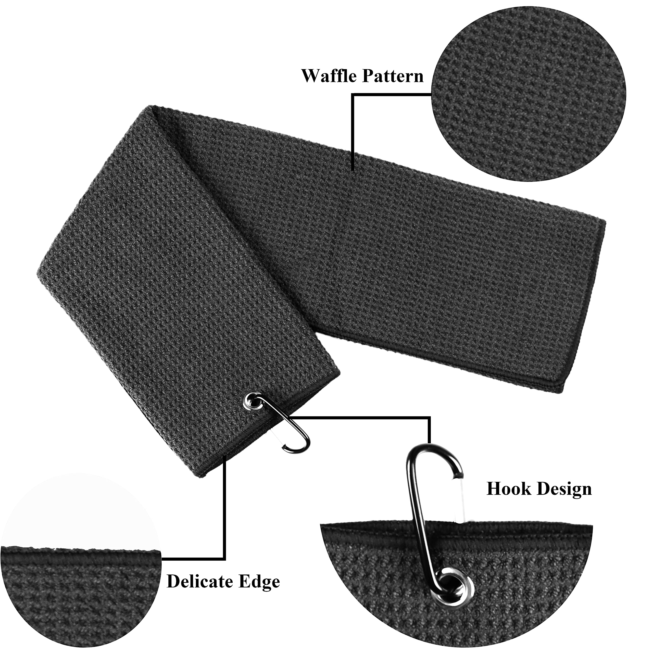 Vividly 2 Pack 16'' X 24'' Tri-Fold Golf Towels, Premium Microfiber Fabric Waffle Pattern With Black Heavy Duty Carabiner Clip,