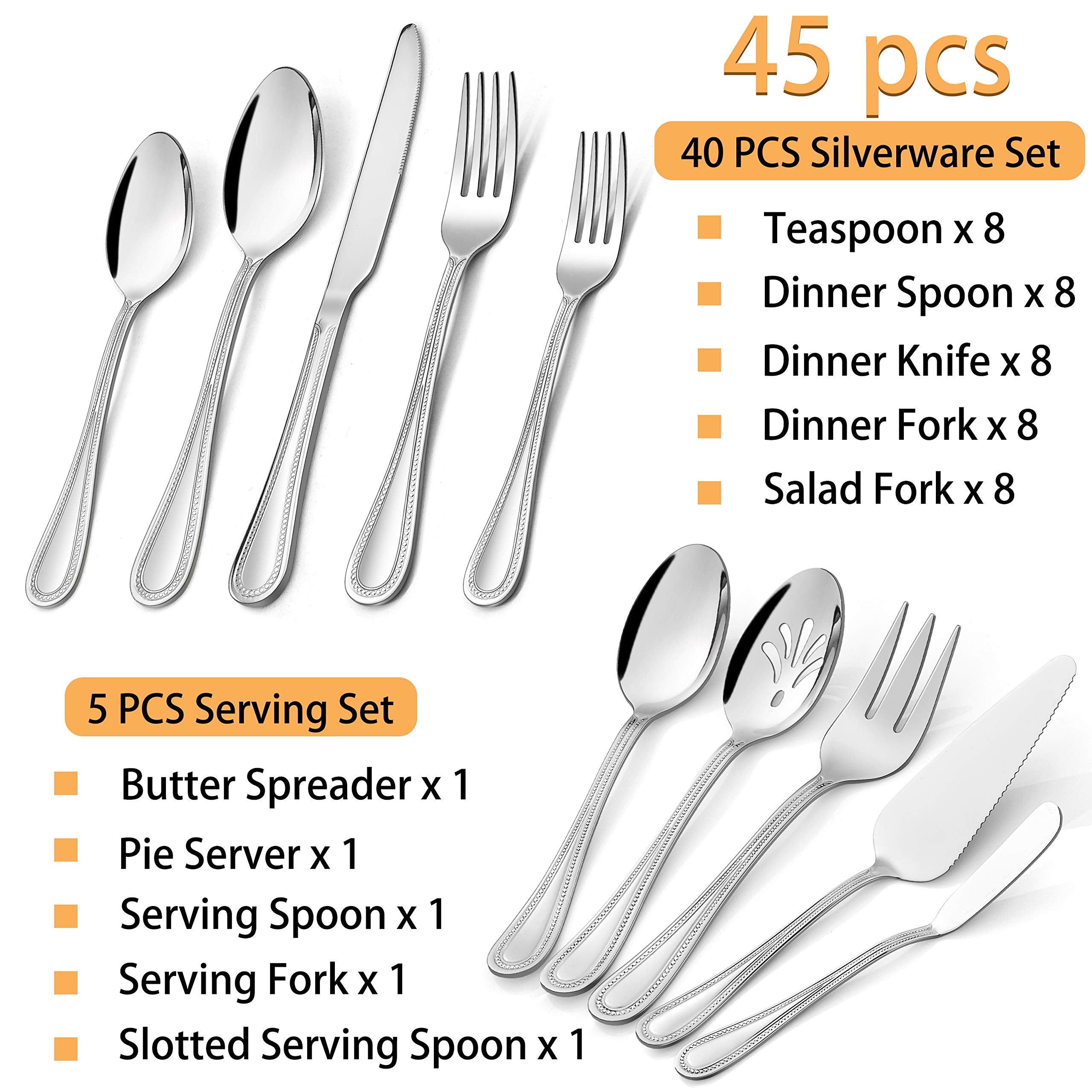 45-Piece Silverware Set With Serving Utensils, Haware Stainless Steel Flatware Service For 8, Pearled Edge Tableware Cutlery For