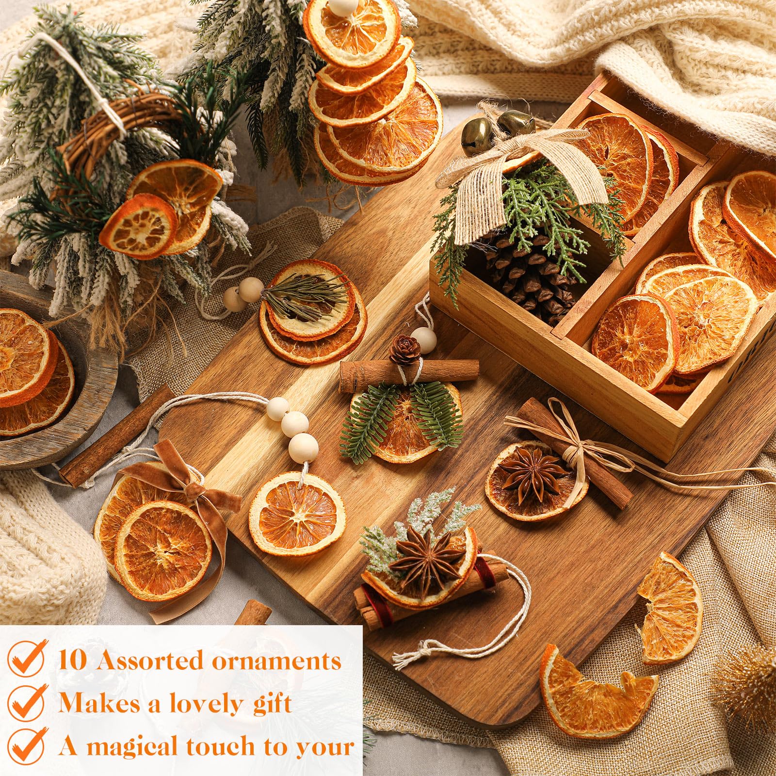 Amyhill 10 Pcs Christmas Dried Orange Slice Ornaments Handmade Rustic Christmas Tree Decorations Natural Beaded Pine Cones Cinna