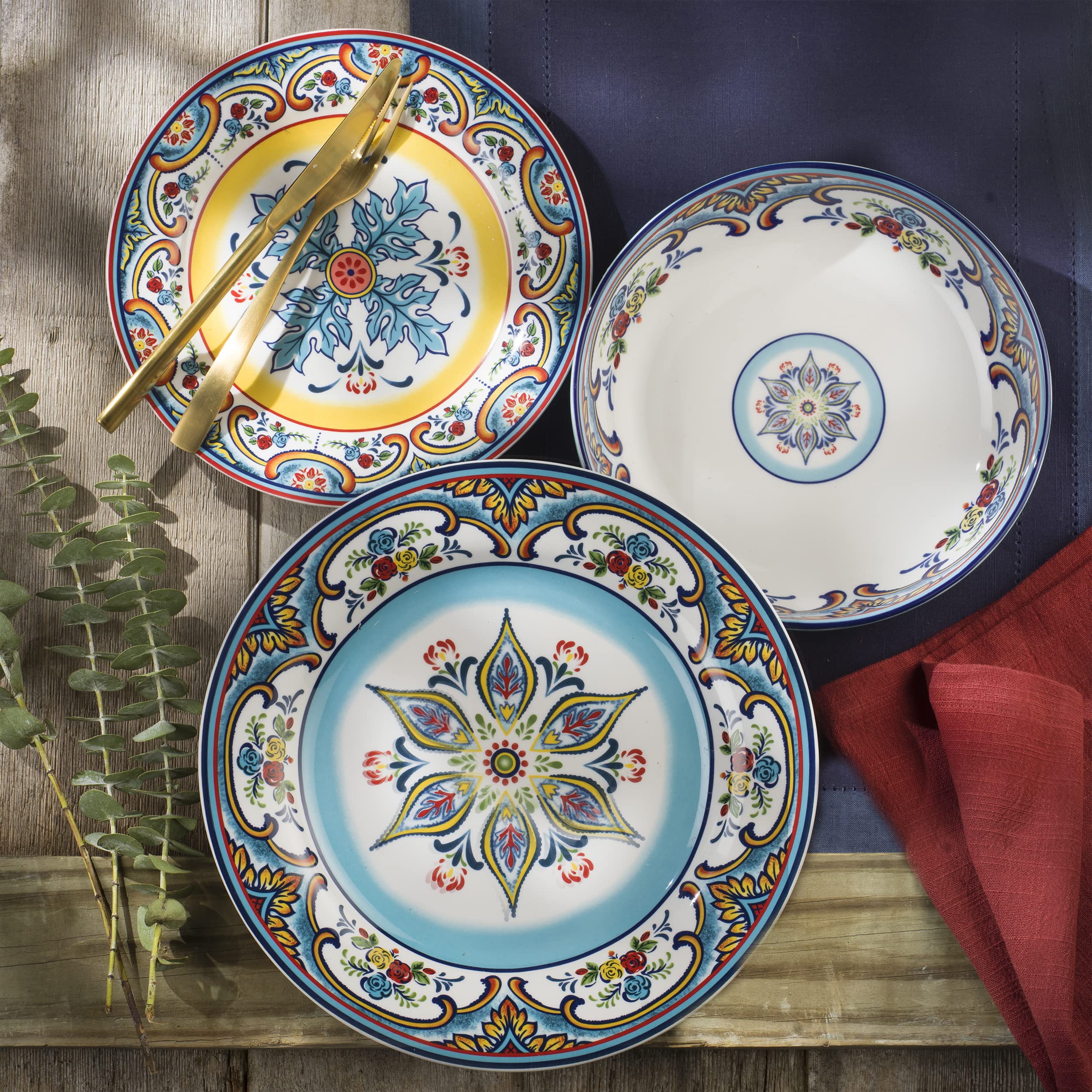 Euro Ceramica Zanzibar Collection Vibrant 8.7'' Ceramic Salad/Dessert Plates, Set Of 4, Spanish Floral Design, Multicolor