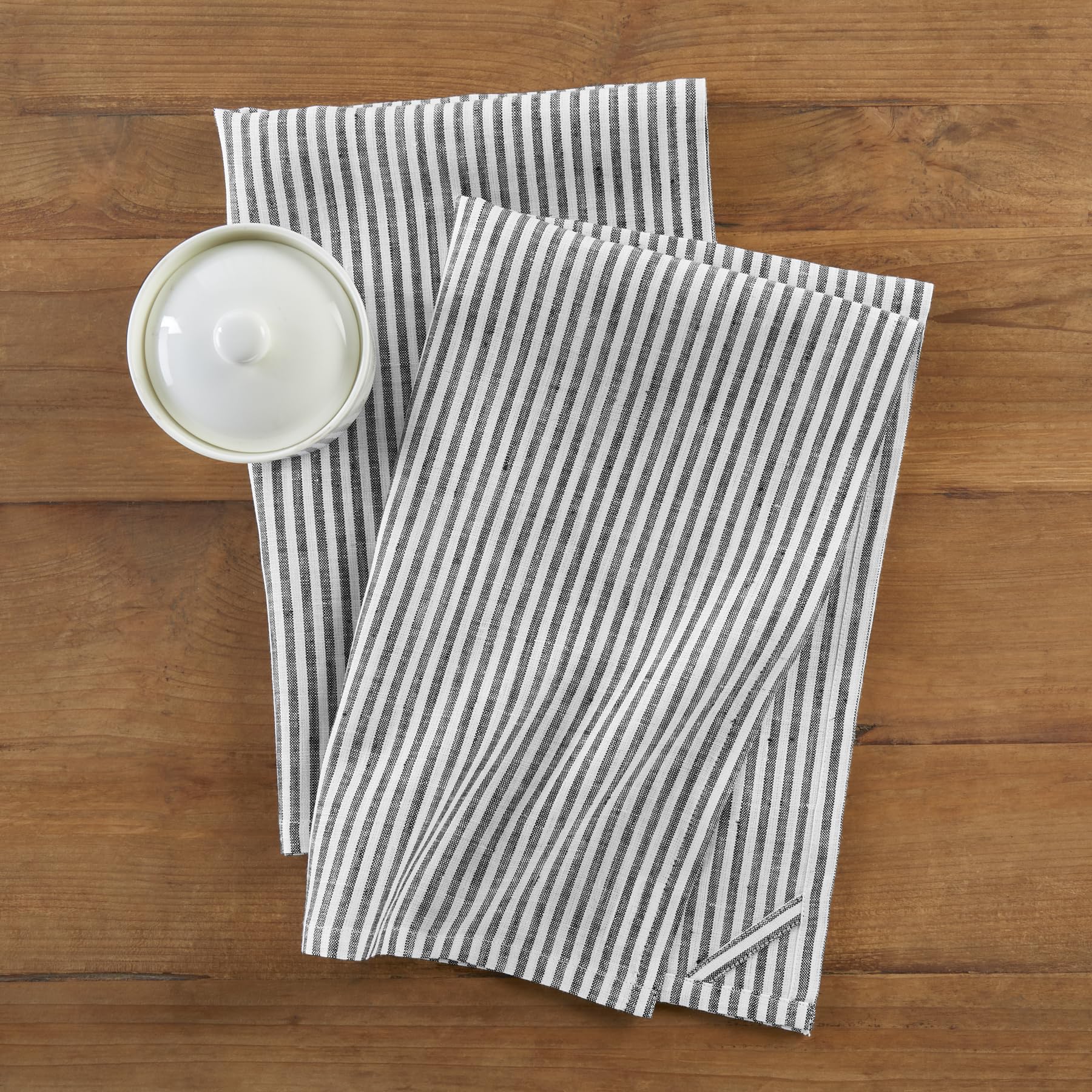 Solino Home Linen Kitchen Towels Set Of 2 - Black And White 17 X 26 Inch - 100% Pure Linen Narrow Stripe Kitchen/Tea Towels - Ma