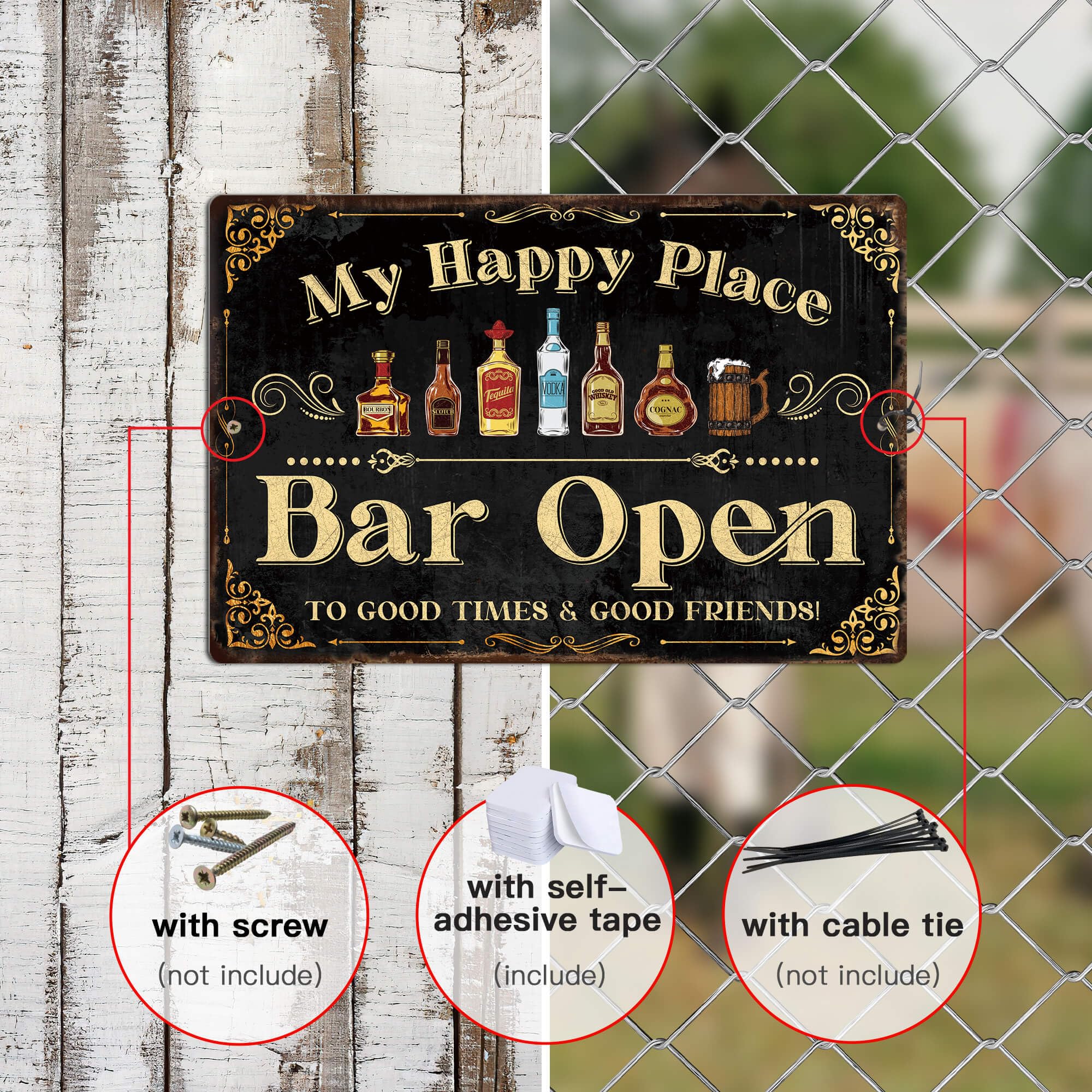 Putuo Decor Home Bar Sign, Retro Metal Tin Sign, My Happy Place Bar Open, 12 x 8 Inches