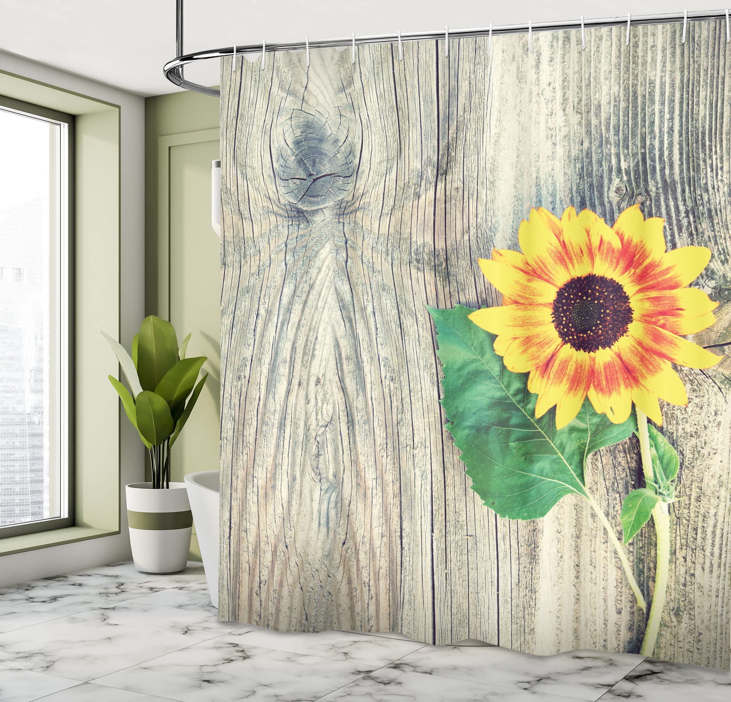Ambesonne Sunflower Shower Curtain, Sunflower On Wooden Old Board Bouquet Floral Mother Earth Photo, Cloth Fabric Bathroom Decor