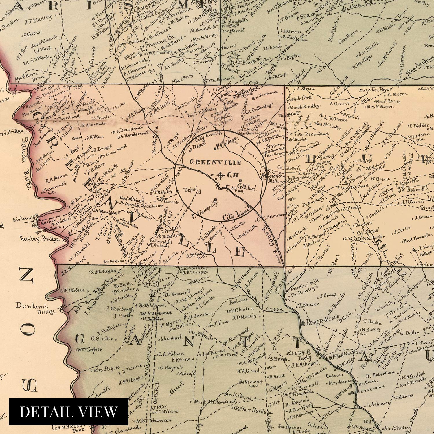Historix Vintage 1882 Map Of Greenville County South Carolina - 24 X 36 Inch Vintage Map Of Greenville Sc Wall Art - Shows Names