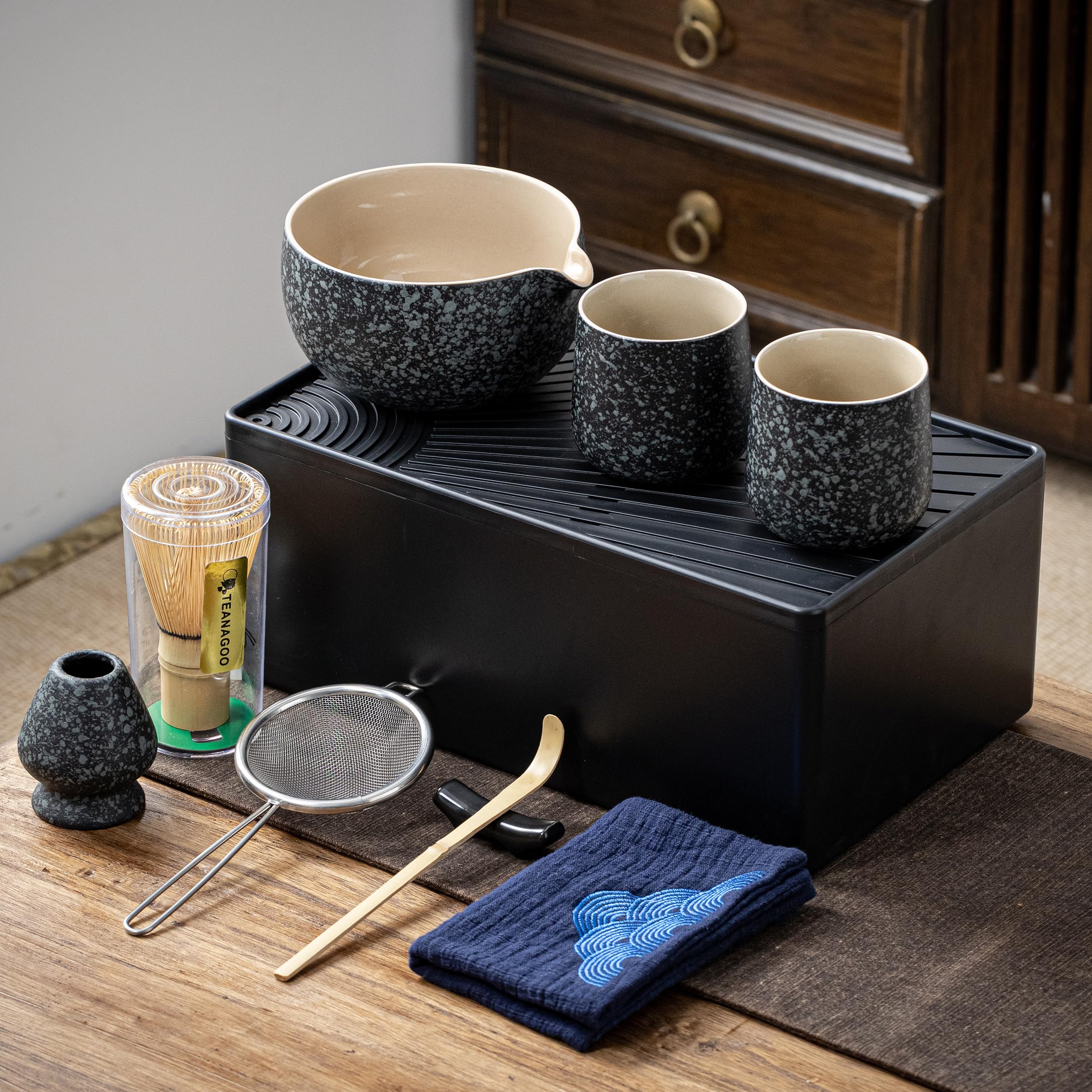 Teanagoo Matcha Kit + 2 Cups With Storage Box, 12 Pcs Travel Matcha Tea Set, Ceramic Matcha Bowl (18Oz), Matcha Cup(7.2Oz), Bamb