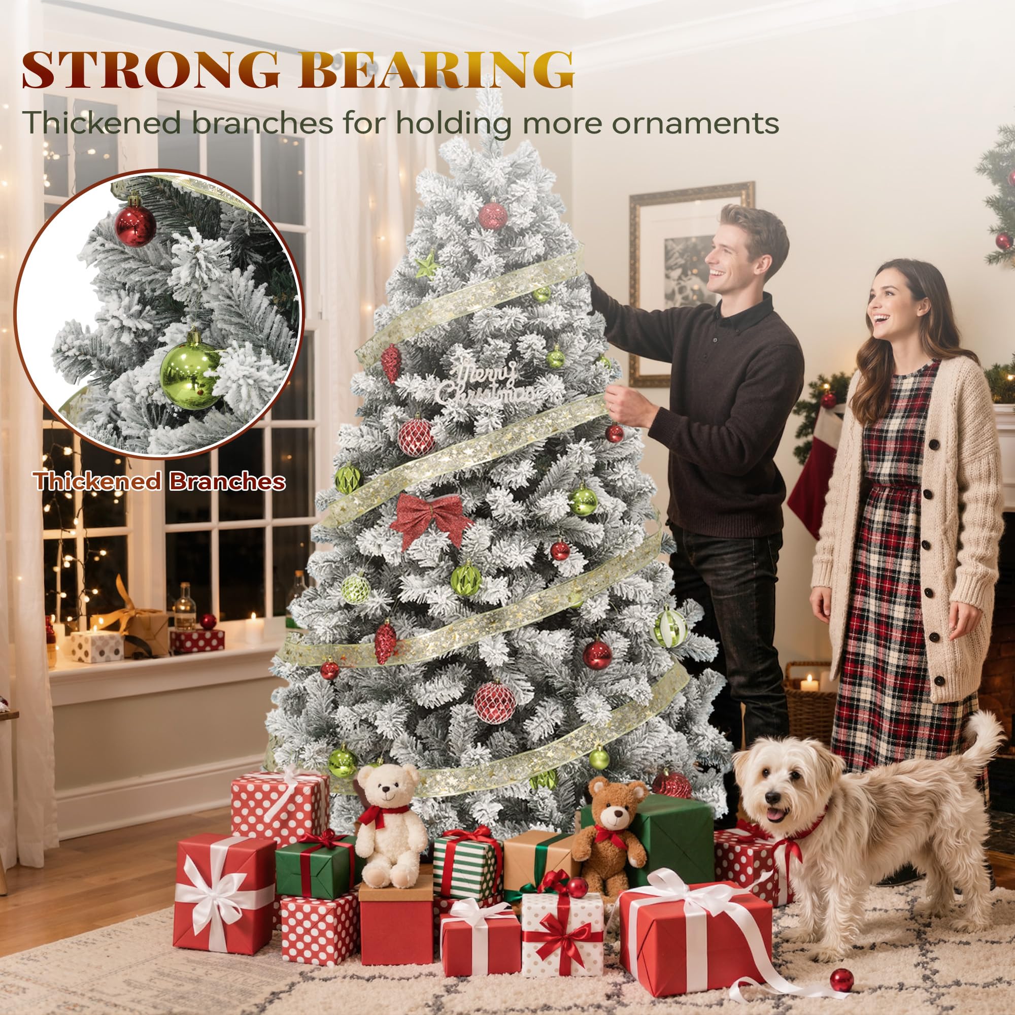 YITAHOME Snow Flocked Artificial Full Christmas Tree, Christmas Pine Tree with 880 Branch Tips, and Foldable Base for Home, Part
