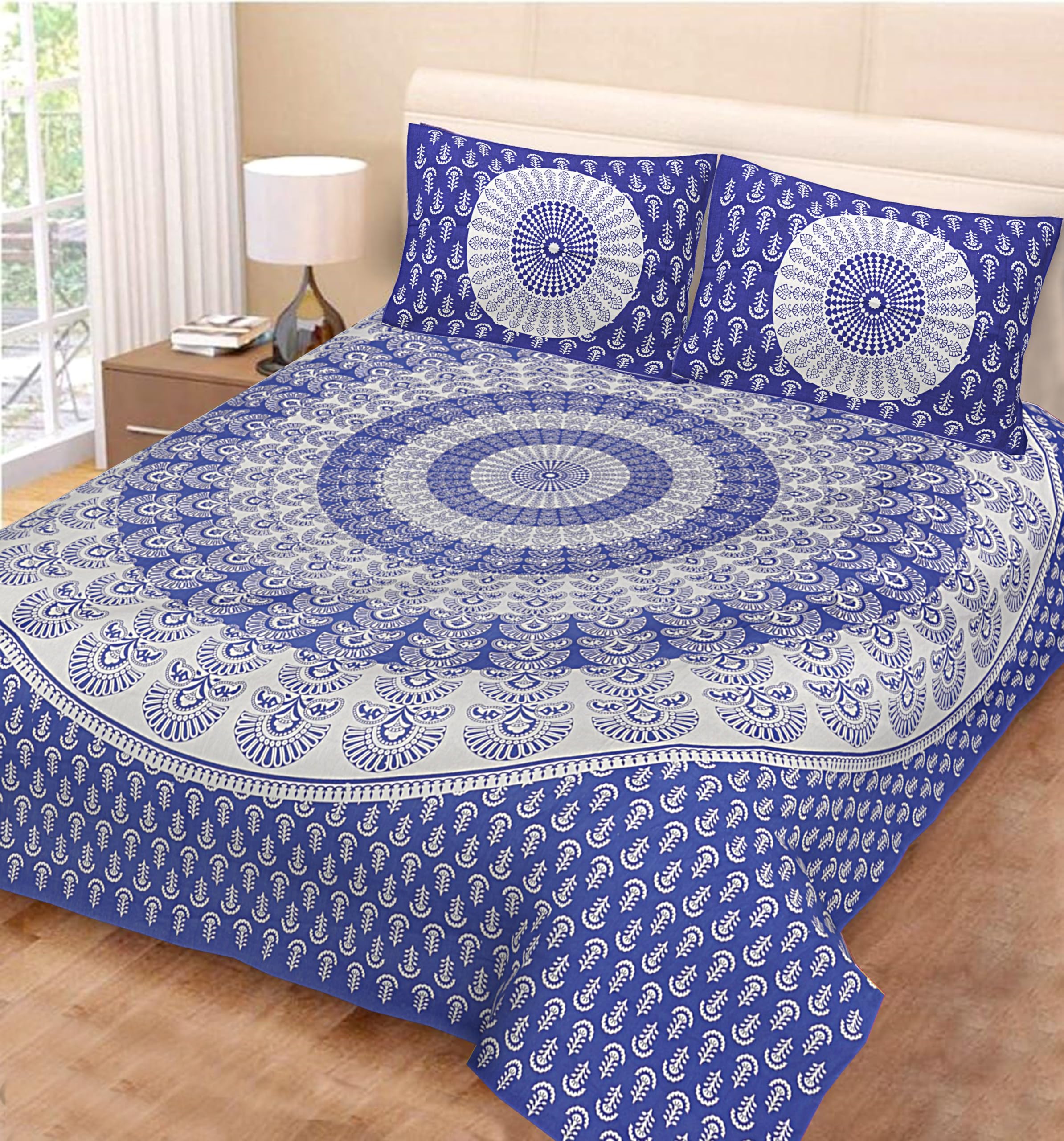 Jaipur Prints Mandala Print Bedsheet Set, Blue And White, Double Bed Size, Cotton, Traditional Indian Pattern With Matching Pill
