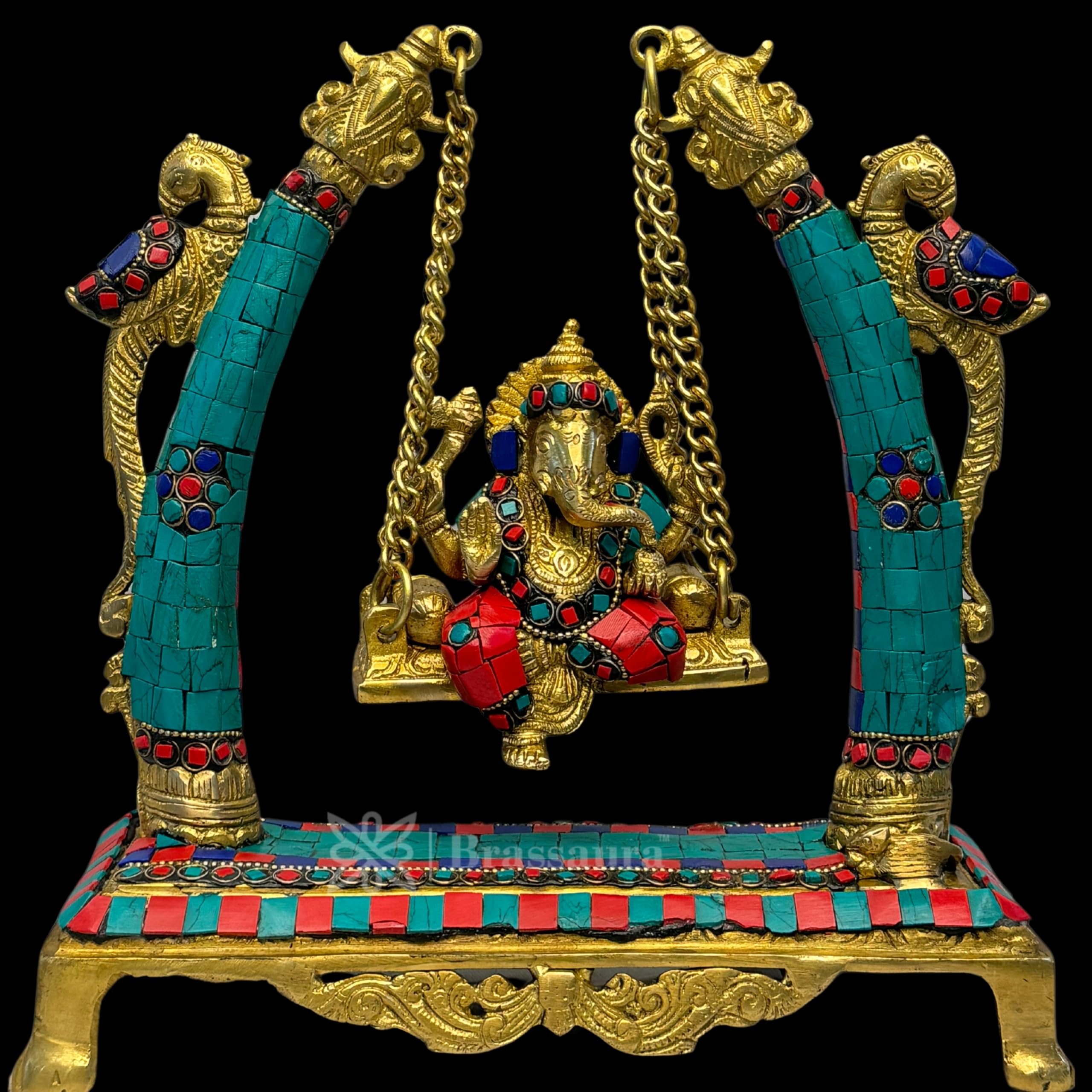 Brassaura Brass Gem Stone Work Ganesha Jhula Statue For Home And Decor Brass Ganesh Murti For Pooja Room Ganpati Idol For Home E