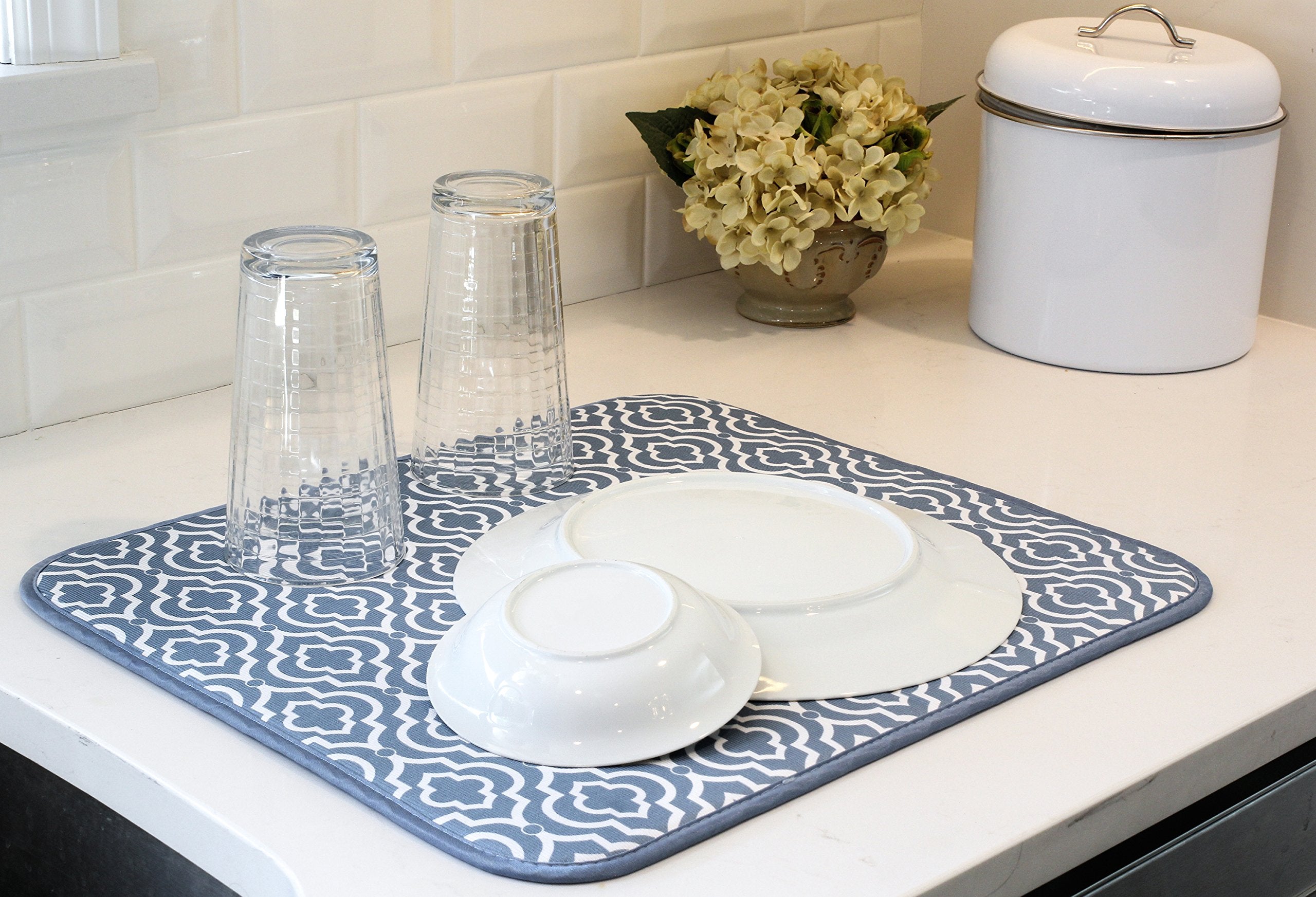 S&T Inc. Dish Drying Mat For Kitchen, Absorbent, Reversible Microfiber Dish Mat, 16 Inch X 18 Inch, Slate Trellis