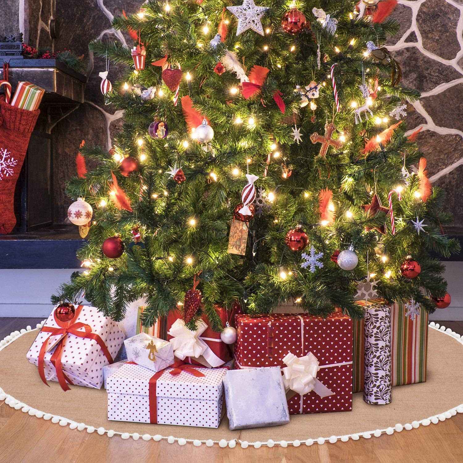 Syhood 36 Inch Christmas Tree Skirt Khaki Christmas Linen Burlap Tree Skirt Base Cover with Pom Trim for Xmas Winter Home Decora