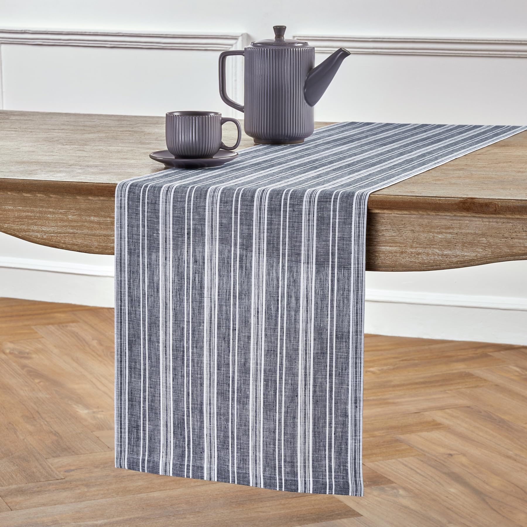Solino Home Stripe Linen Table Runner 108 Inches Long - 100% Pure Linen Navy And White Dining Table Runner 14 X 108 Inch Ideal F