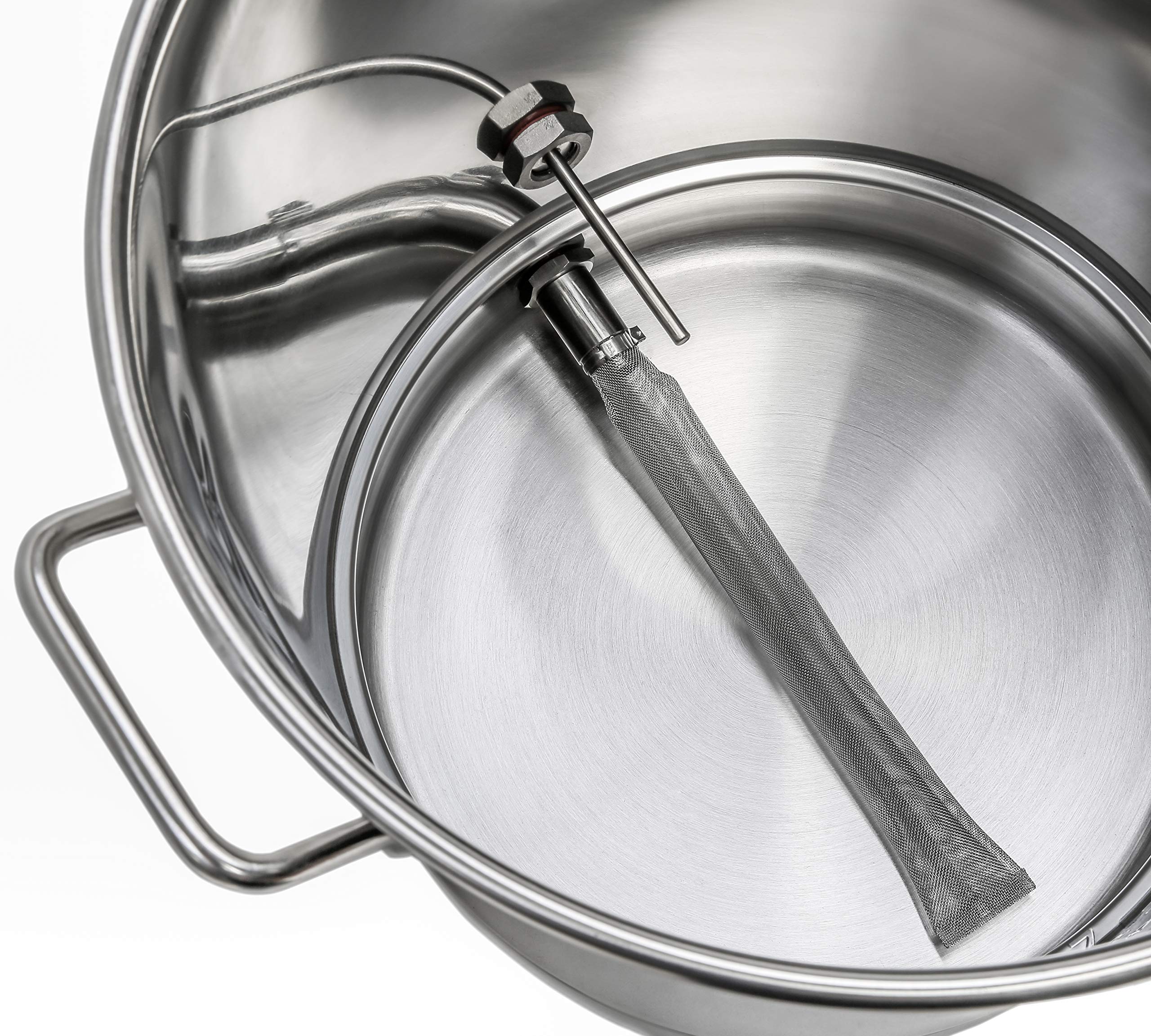 Brewsie Stainless Steel Home Brew Kettle W/Dual Filtration. Equip With False Bottom Thermometer And Ball Valve For Brewing (10 G