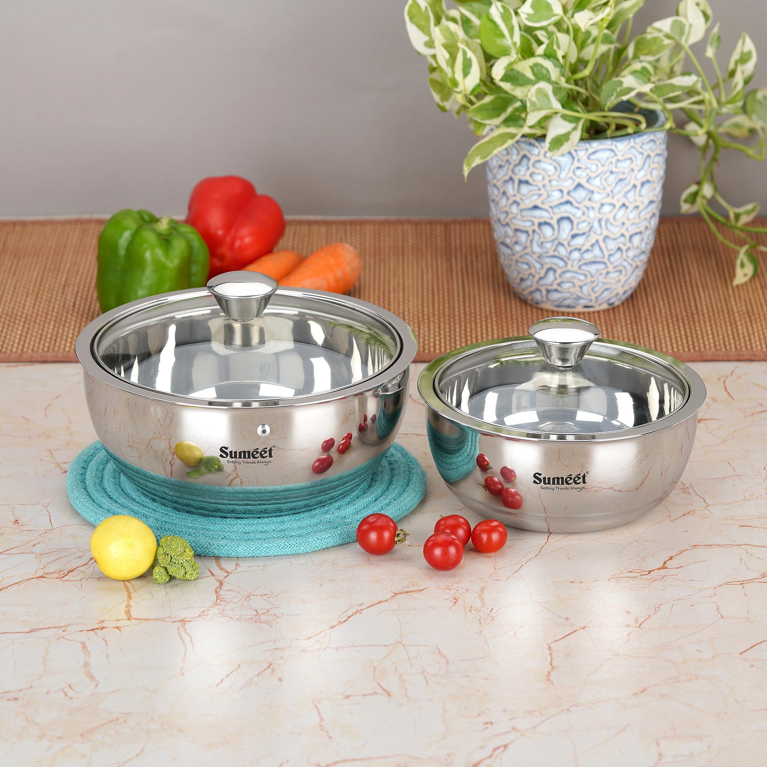 Sumeet Stainless Steel Casserole with Glass Lid | 2 Pieces  1 Ltr & 1.75 Ltr | Includes Roti & Gravy Pots | Keeps Food Warm & F