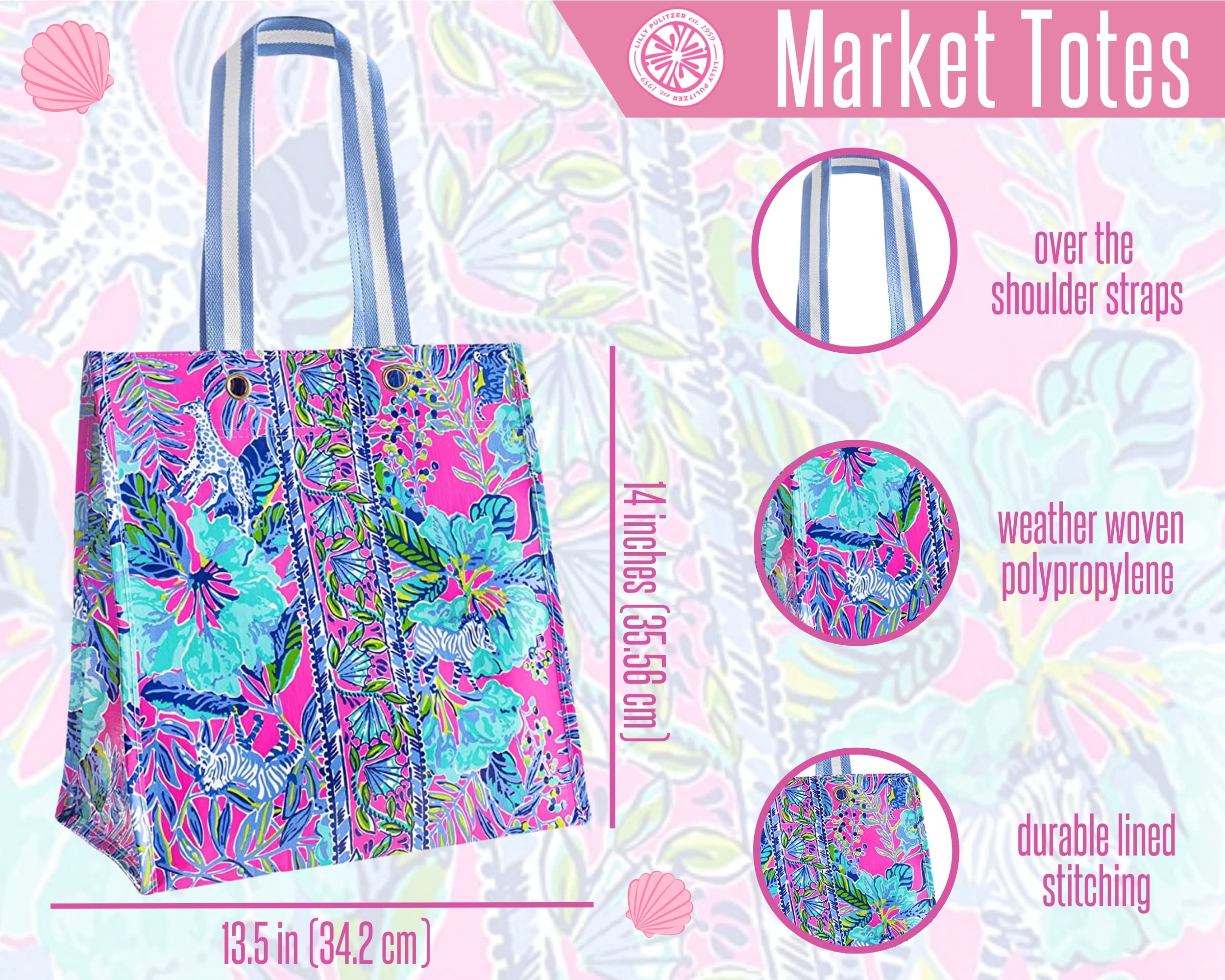 Lilly Pulitzer Market Shopper Bag, Reusable Grocery Tote, Shoulder Bag For Produce Or Travel, Lil Earned Stripes